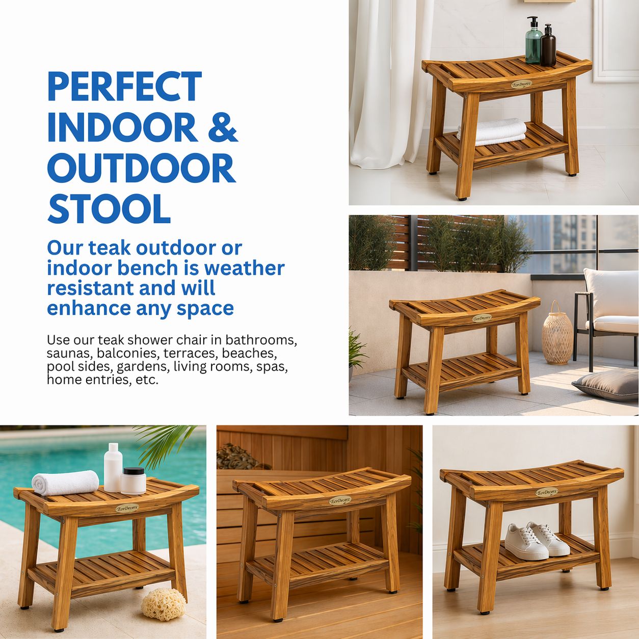 EcoDecors Harmony Gold 24" Solid Teak Shower Bench