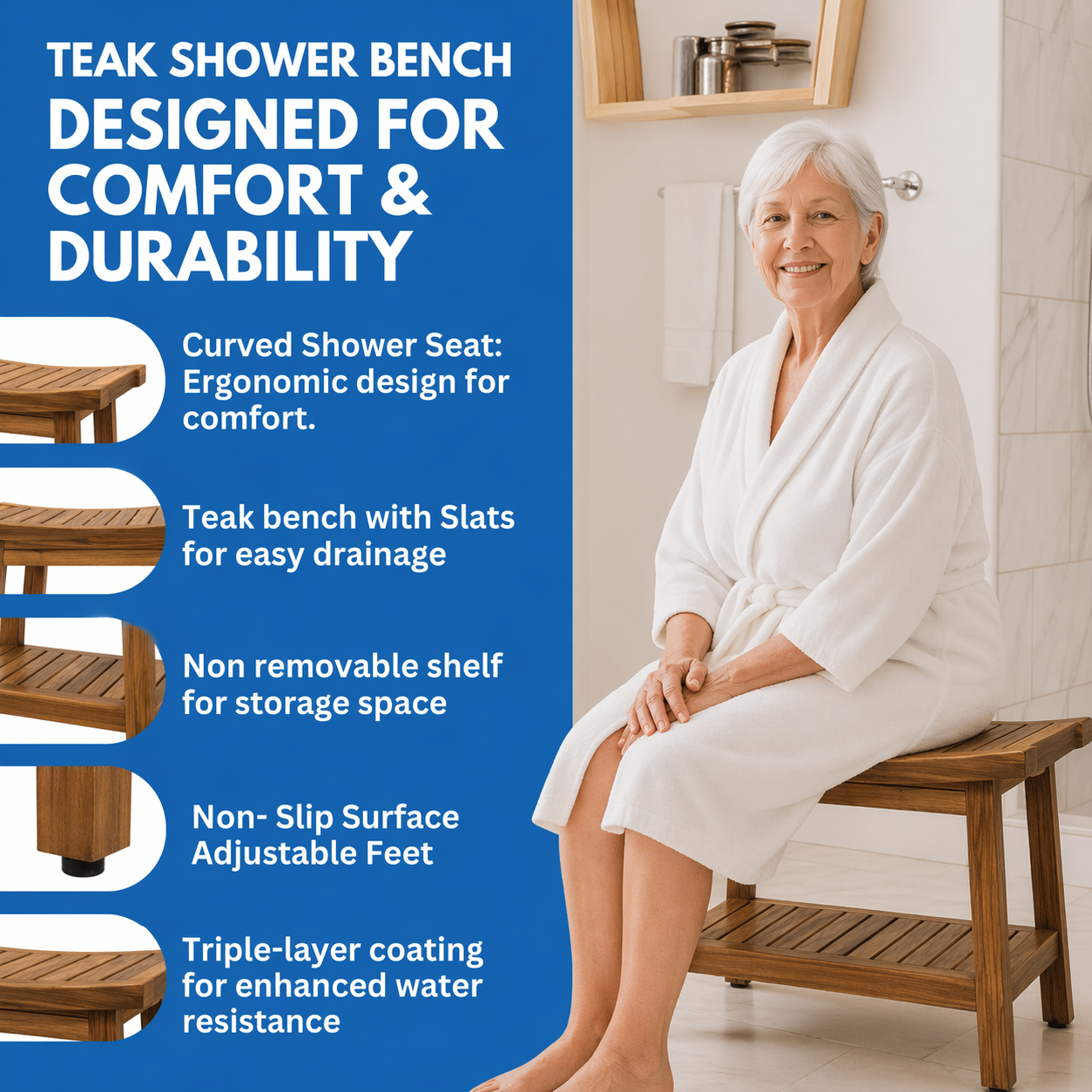 EcoDecors Harmony Gold 30" Solid Teak Shower Bench with Shelf
