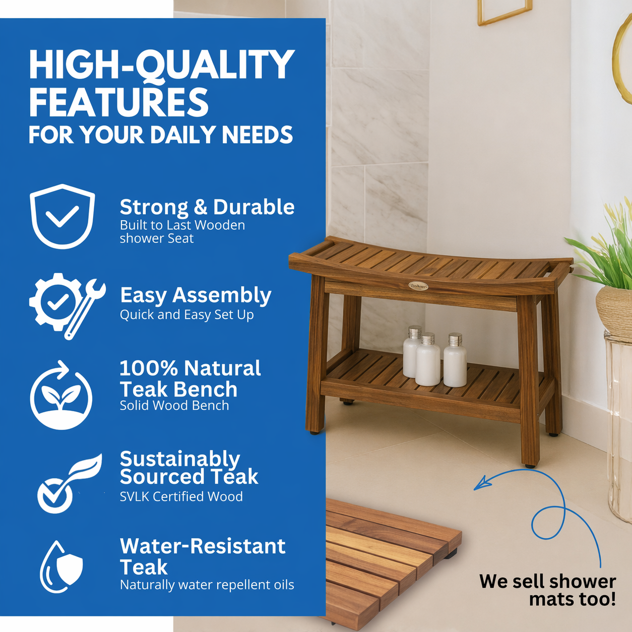 EcoDecors Harmony Gold 30" Solid Teak Shower Bench with Shelf