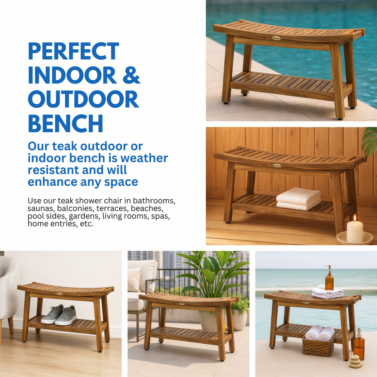 EcoDecors Harmony Gold 30" Solid Teak Shower Bench with Shelf