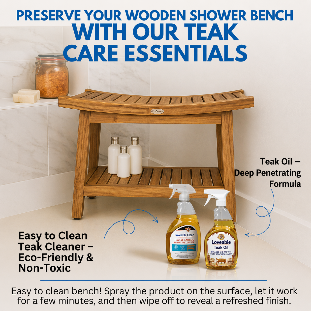 EcoDecors Harmony Gold 30" Solid Teak Shower Bench with Shelf