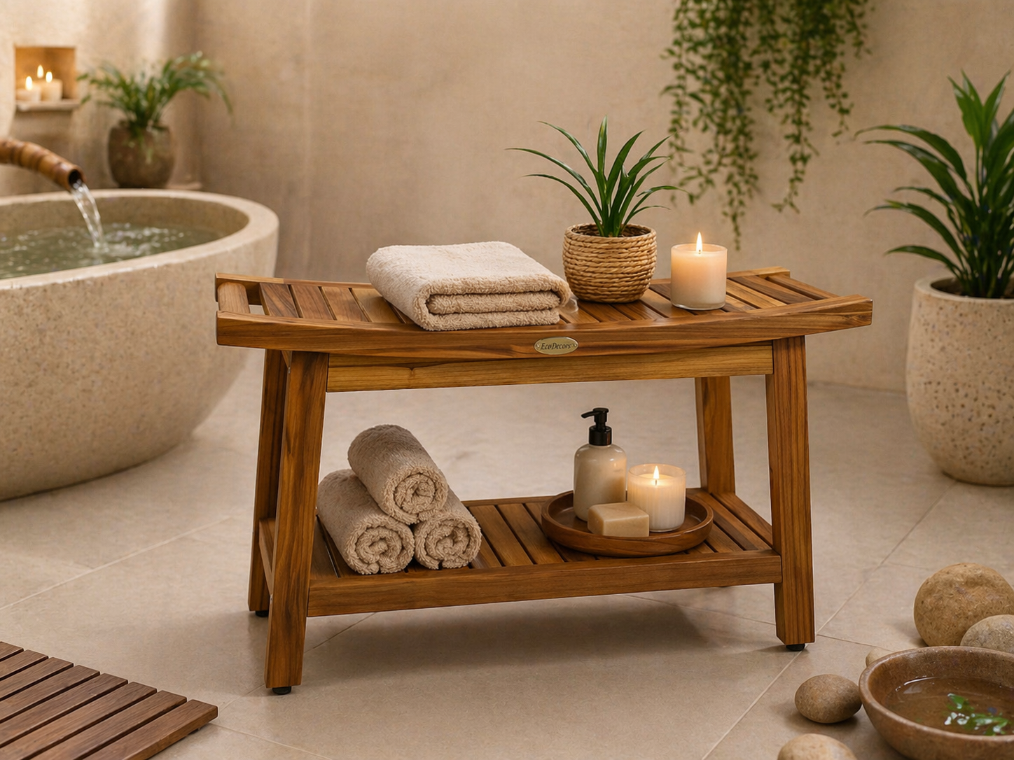 EcoDecors Harmony Gold 30" Solid Teak Shower Bench with Shelf