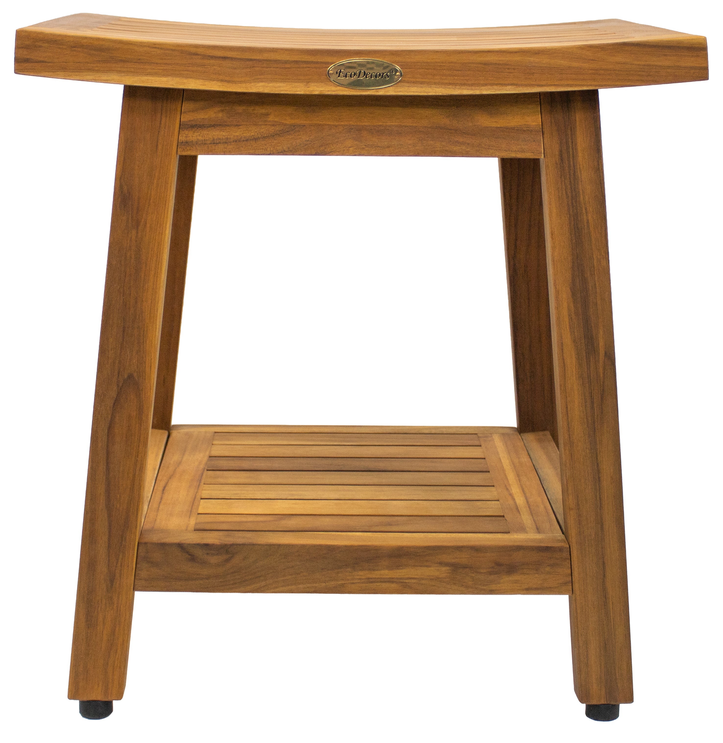 EcoDecors Eleganto Gold 18" Teak Wood Shower Bench with Shelf in Earthy Teak Finish