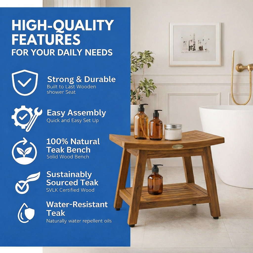 EcoDecors Eleganto Gold 18" Teak Wood Shower Bench with Shelf in Earthy Teak Finish