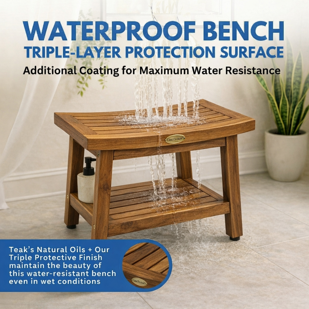 EcoDecors Eleganto Gold 18" Teak Wood Shower Bench with Shelf in Earthy Teak Finish