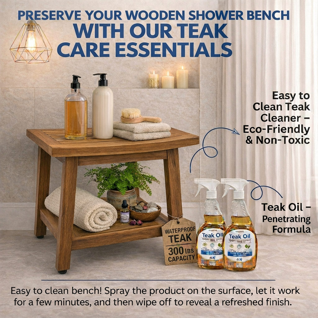 EcoDecors Eleganto Gold 18" Teak Wood Shower Bench with Shelf in Earthy Teak Finish