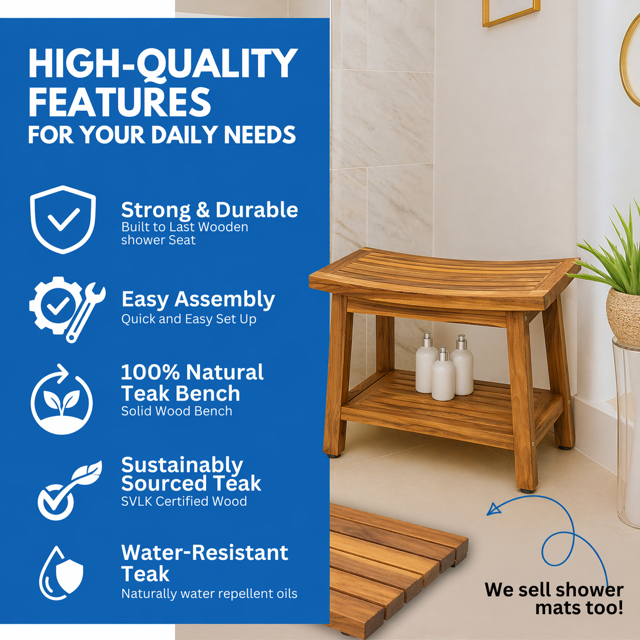 EcoDecors Eleganto Gold 24" Solid Teak Shower Bench