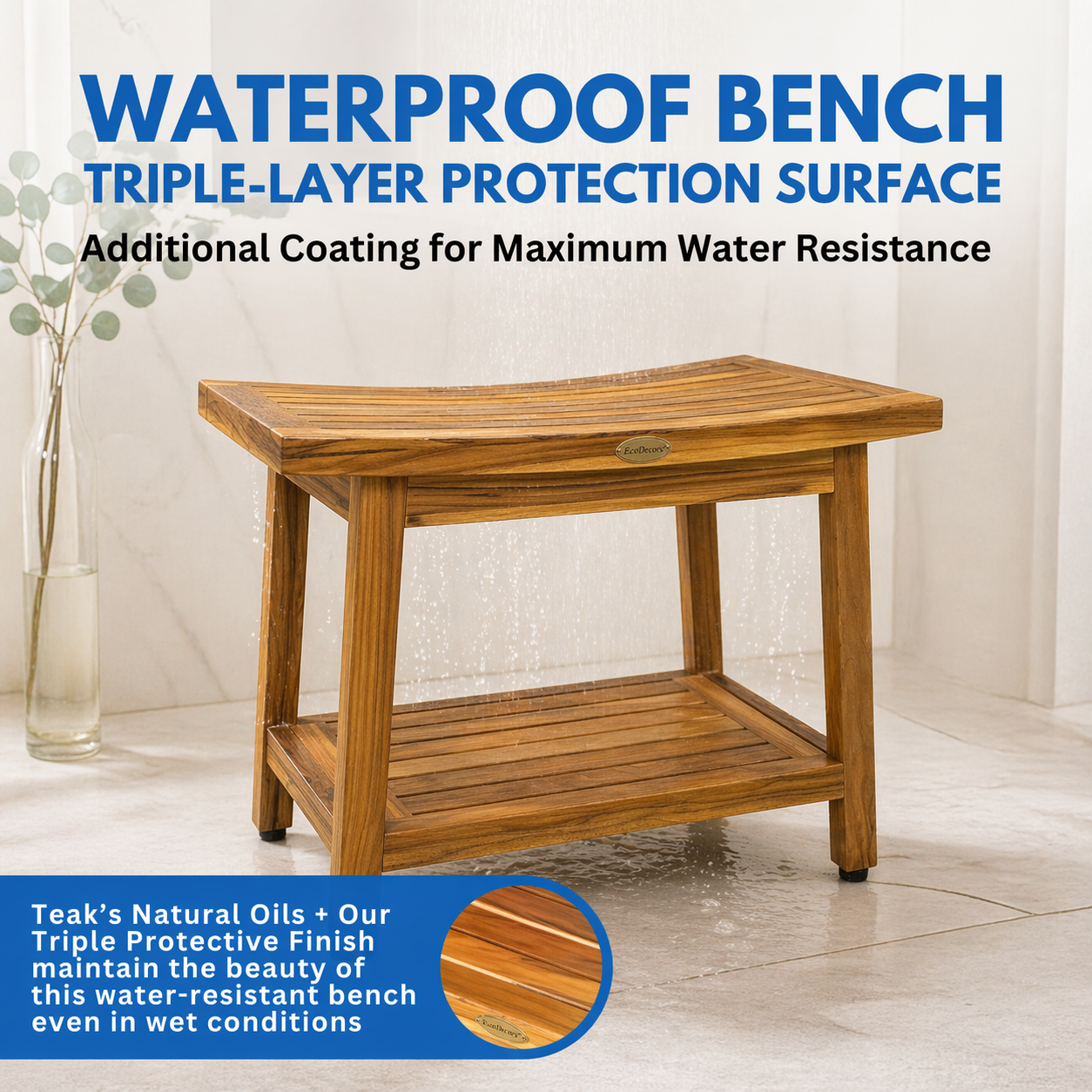 EcoDecors Eleganto Gold 24" Solid Teak Shower Bench
