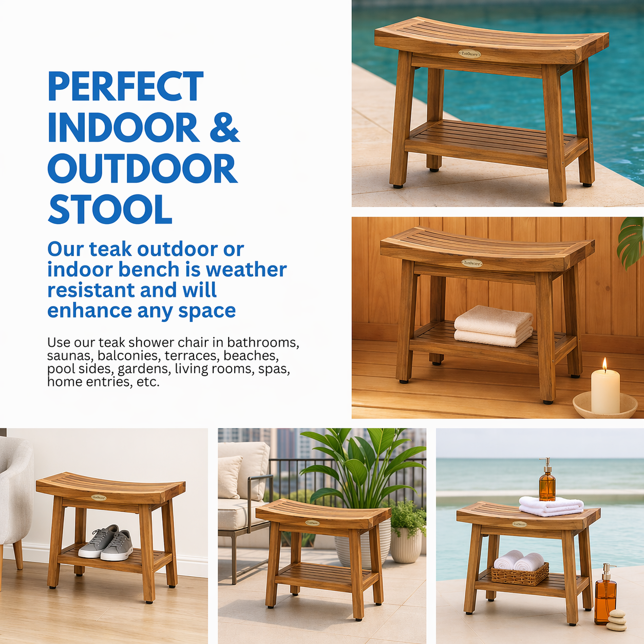 EcoDecors Eleganto Gold 24" Solid Teak Shower Bench