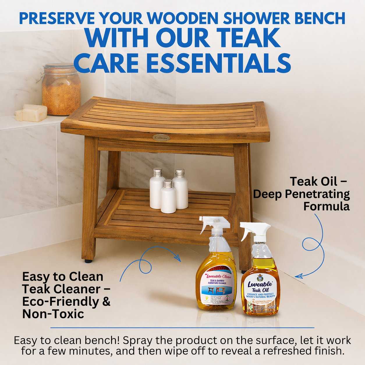 EcoDecors Eleganto Gold 24" Solid Teak Shower Bench