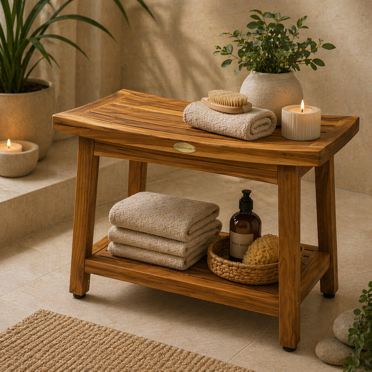 EcoDecors Eleganto Gold 24" Solid Teak Shower Bench