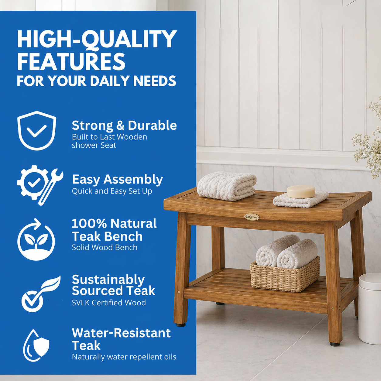 EcoDecors Eleganto Gold 30" Solid Teak Shower Bench with Shelf