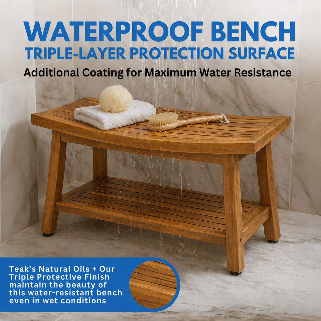 EcoDecors Eleganto Gold 30" Solid Teak Shower Bench with Shelf