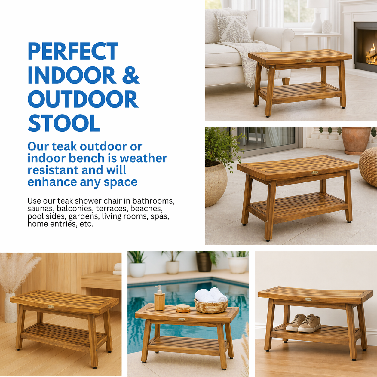 EcoDecors Eleganto Gold 30" Solid Teak Shower Bench with Shelf