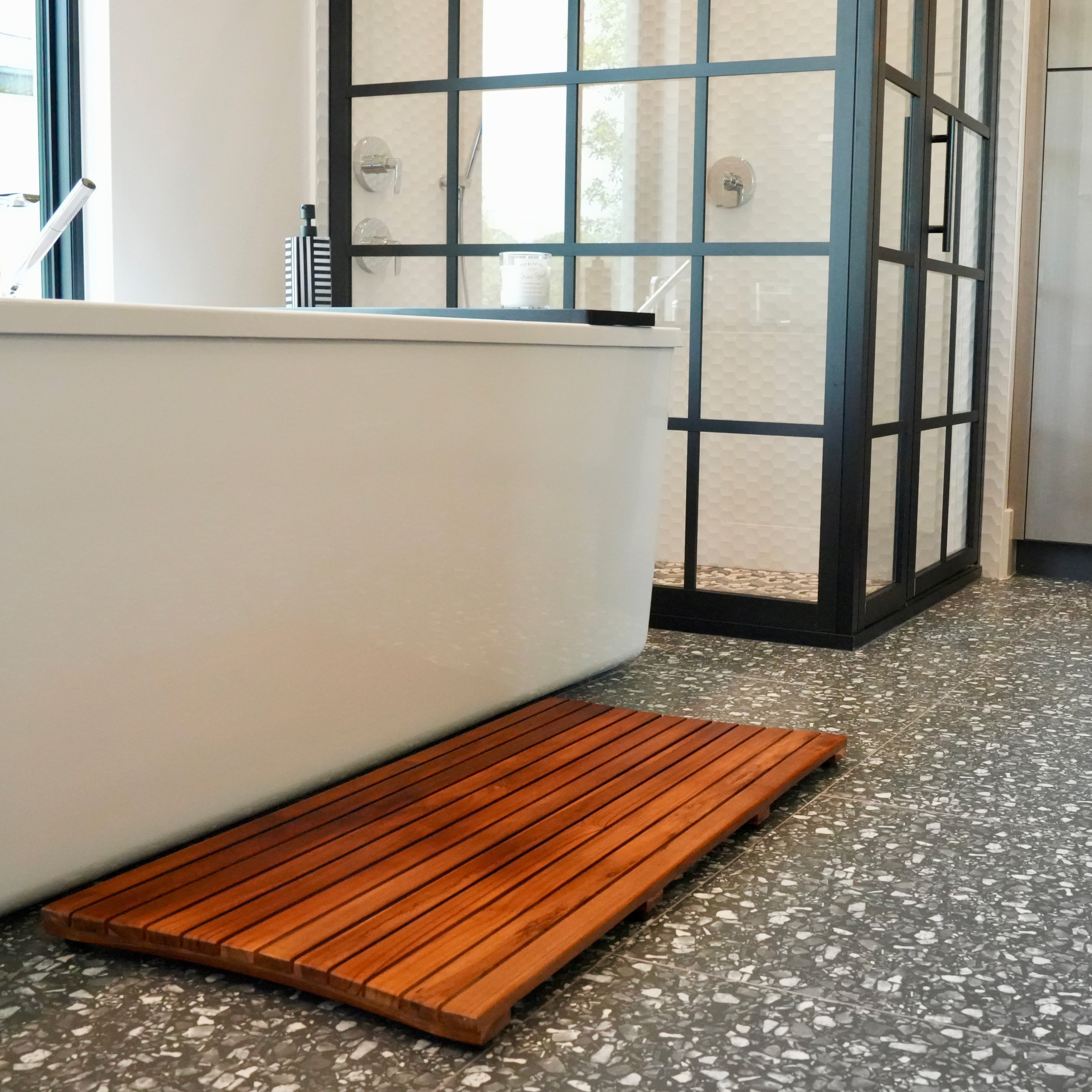 The EcoDecors® Eleganto® 40" x 20" Slatted Solid Teak Bath Floor Mat in EarthyTeak Finish