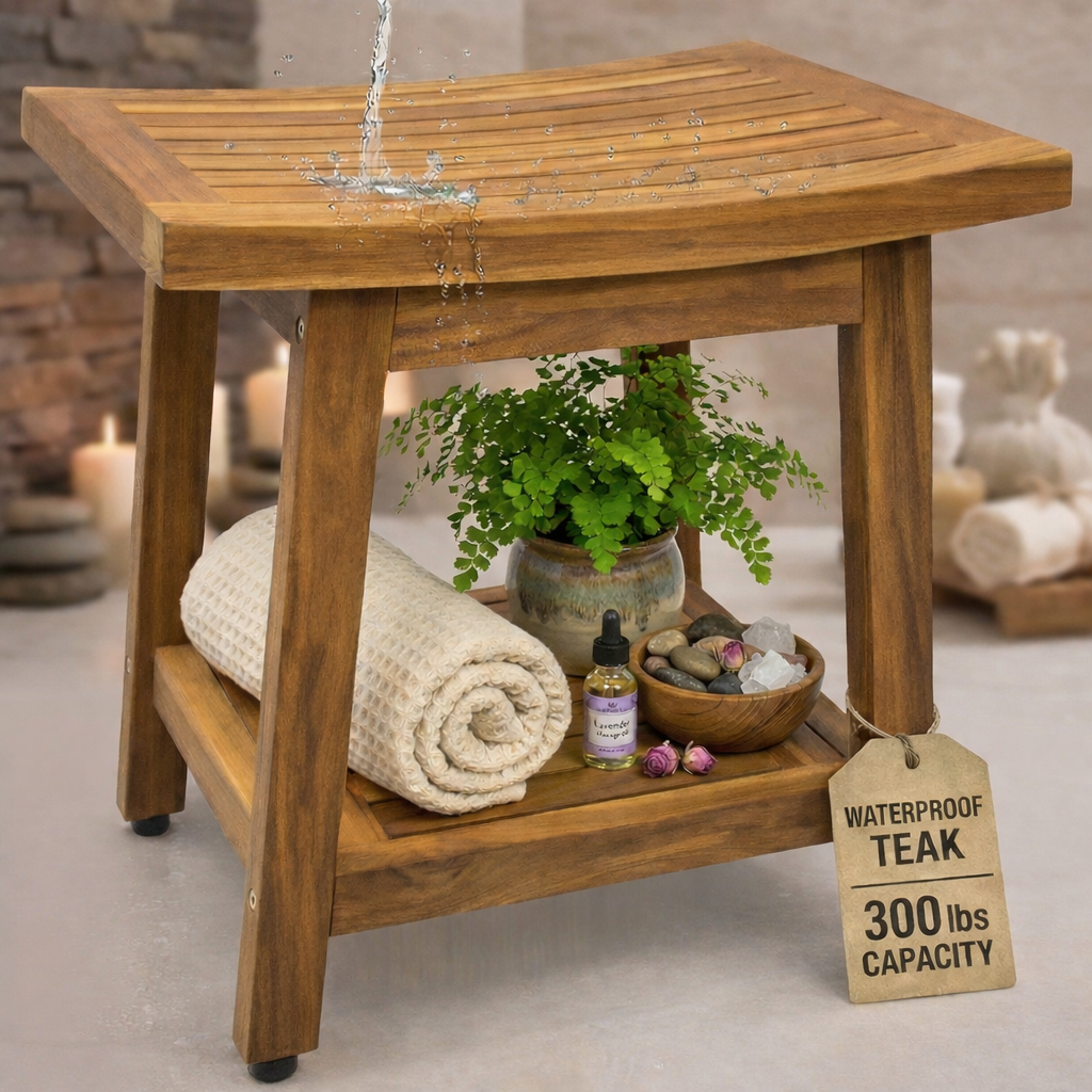 EcoDecors Eleganto Gold 18" Teak Wood Shower Bench with Shelf in Earthy Teak Finish