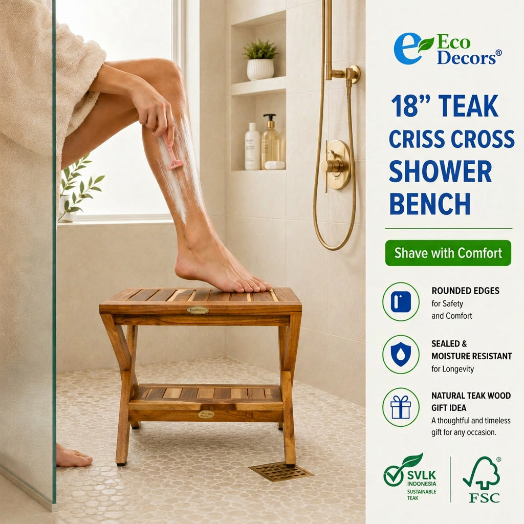 EcoDecors 18" Obliquity-X Teak Shower Stool with Shelf – Fully Assembled Waterproof Teak Shower Bench, Criss Cross Spa Stool, Compact Bathroom Seat, Indoor Outdoor Teak Storage Bench (Copy)