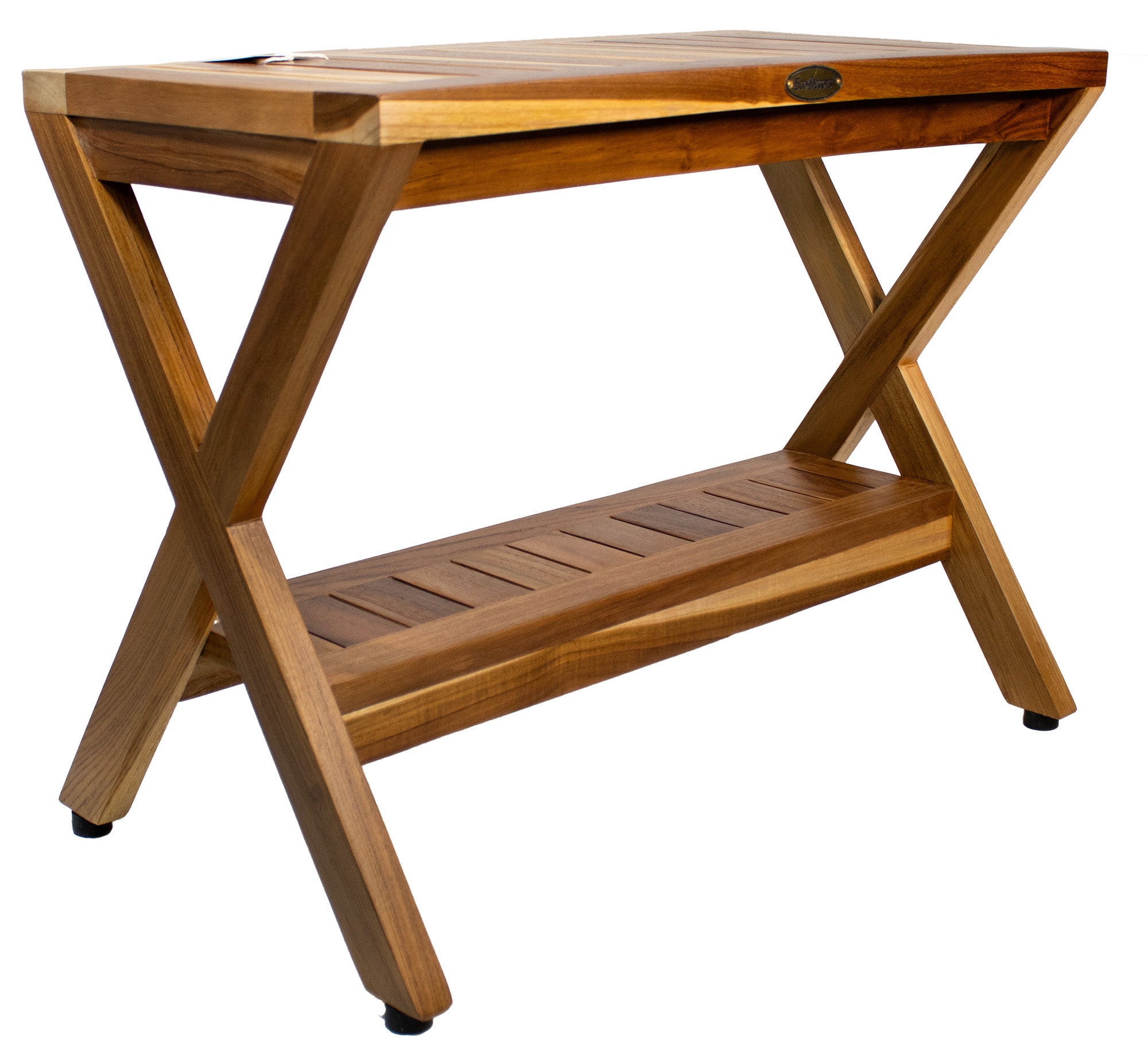 EcoDecors 24" Obliquity-X Teak Shower Bench with Shelf – Waterproof Teak Shower Stool, Criss Cross Spa Bench, Bathroom Seat with Storage Shelf, Indoor Outdoor Teak Bench