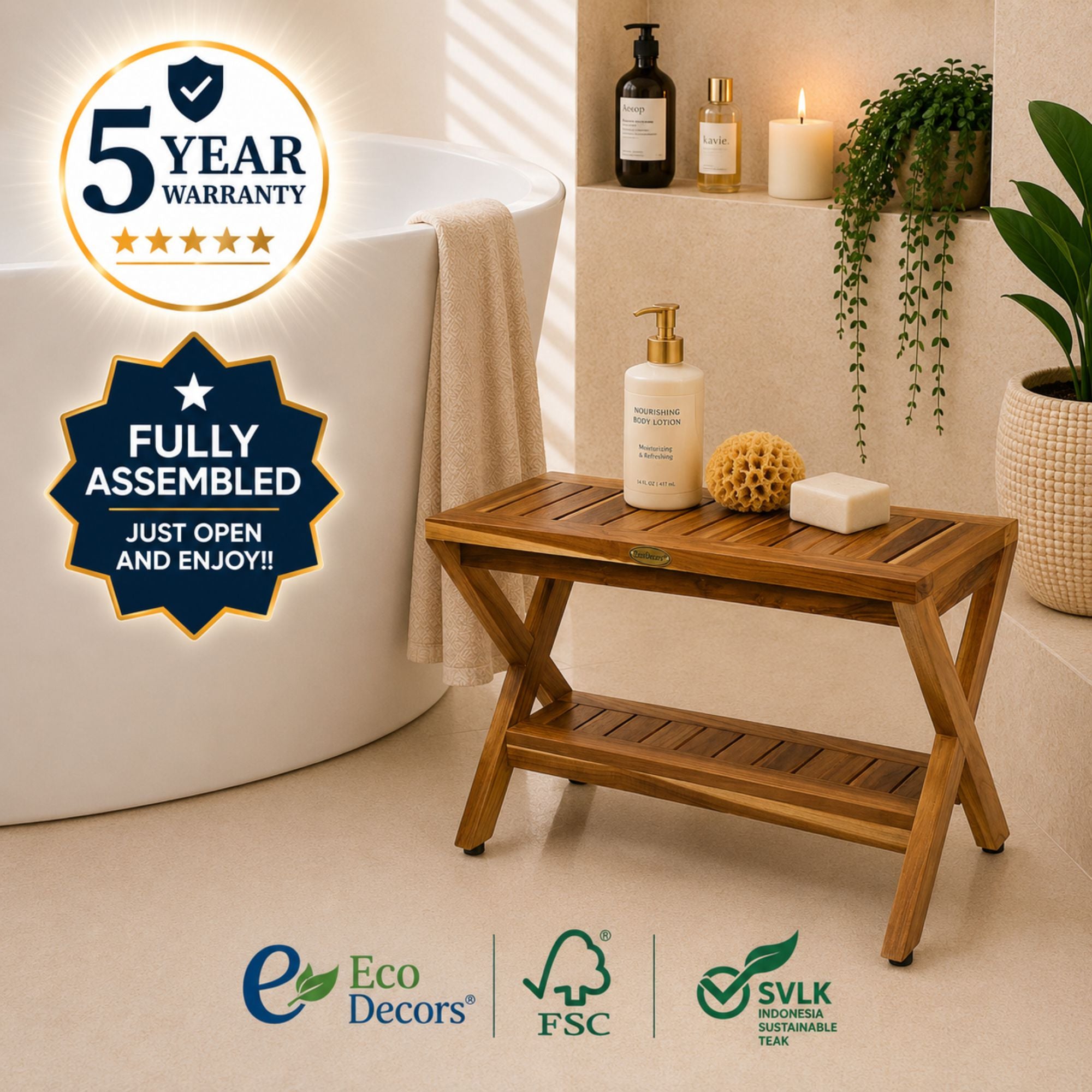 EcoDecors 24" Obliquity-X Teak Shower Bench with Shelf – Fully Assembled Waterproof Teak Shower Stool, Criss Cross Spa Bench, Bathroom Seat with Storage Shelf, Indoor Outdoor Teak Bench