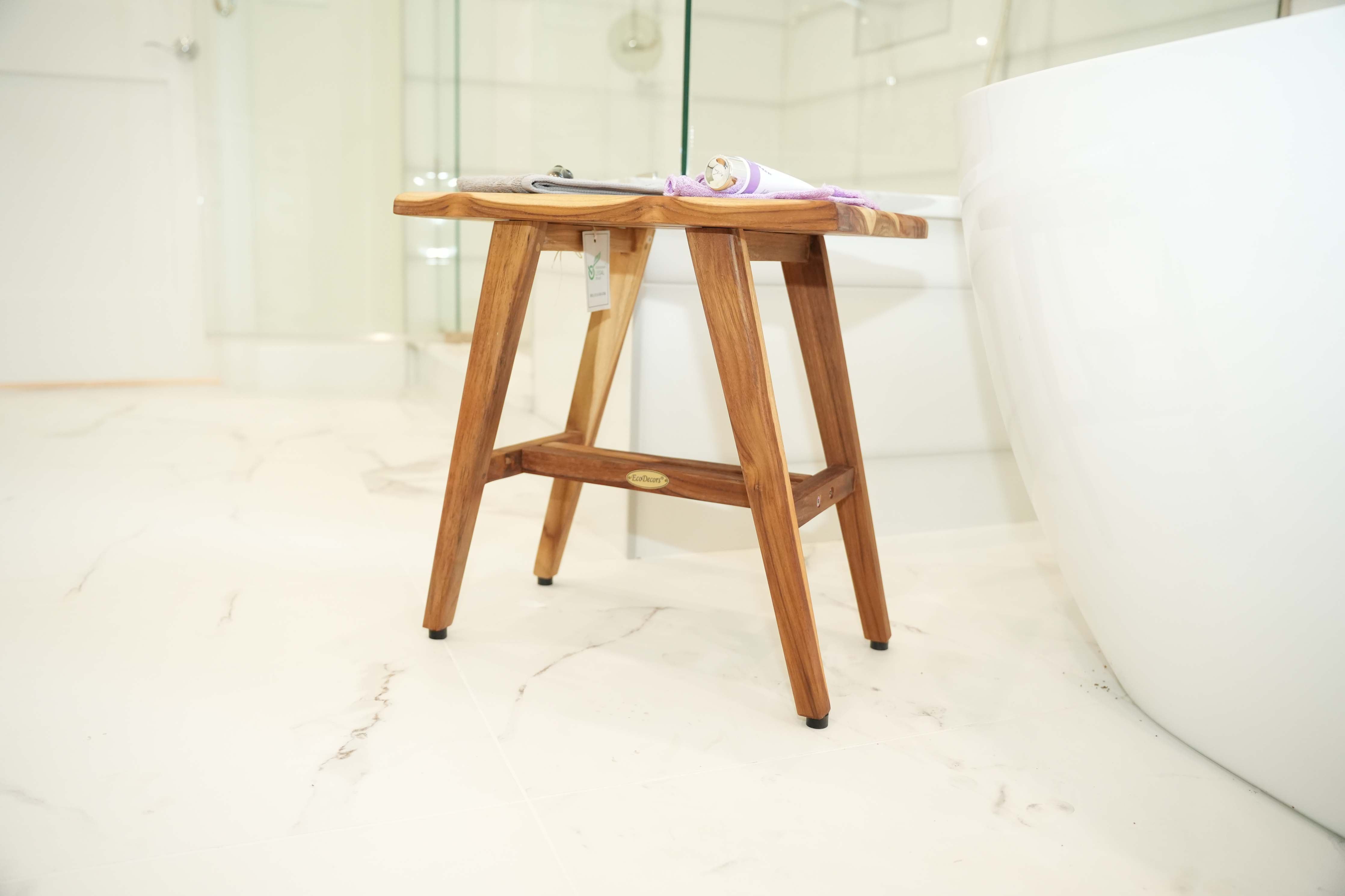 EcoDecors® Mid-Century Modern 18" Teak Wood Shower Bench in Natural Finish