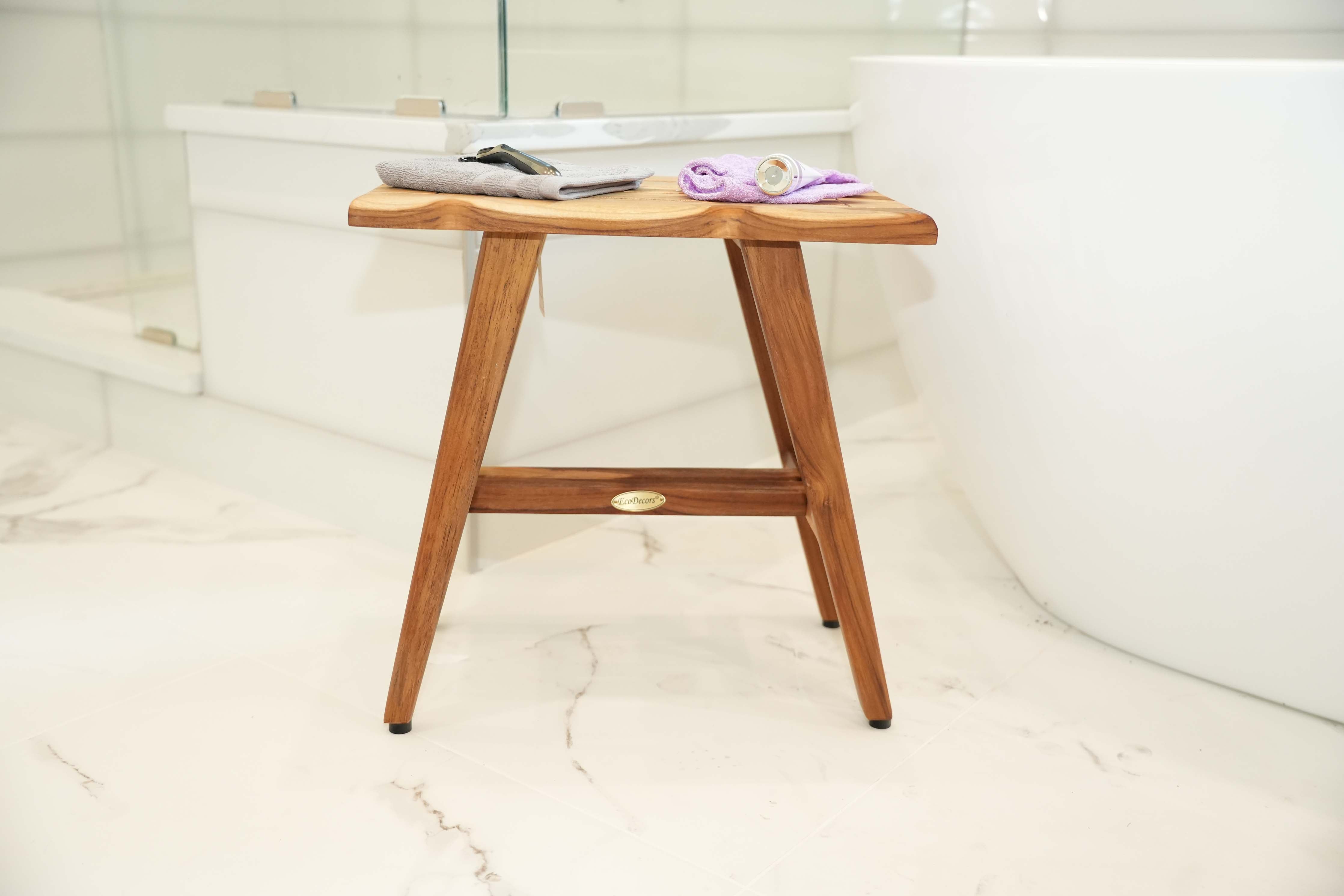 EcoDecors® Mid-Century Modern 18" Teak Wood Shower Bench in Natural Finish