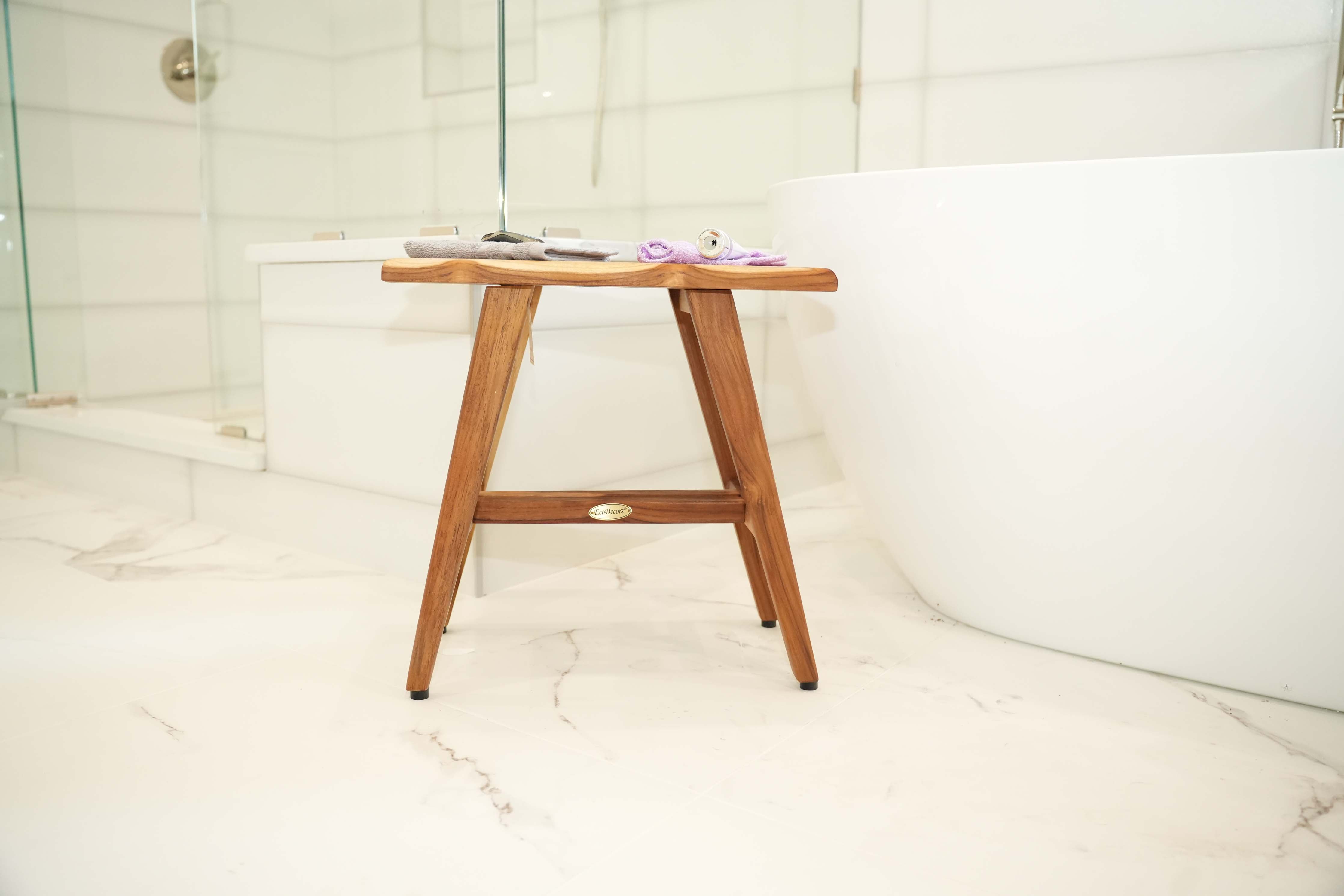 EcoDecors® Mid-Century Modern 18" Teak Wood Shower Bench in Natural Finish