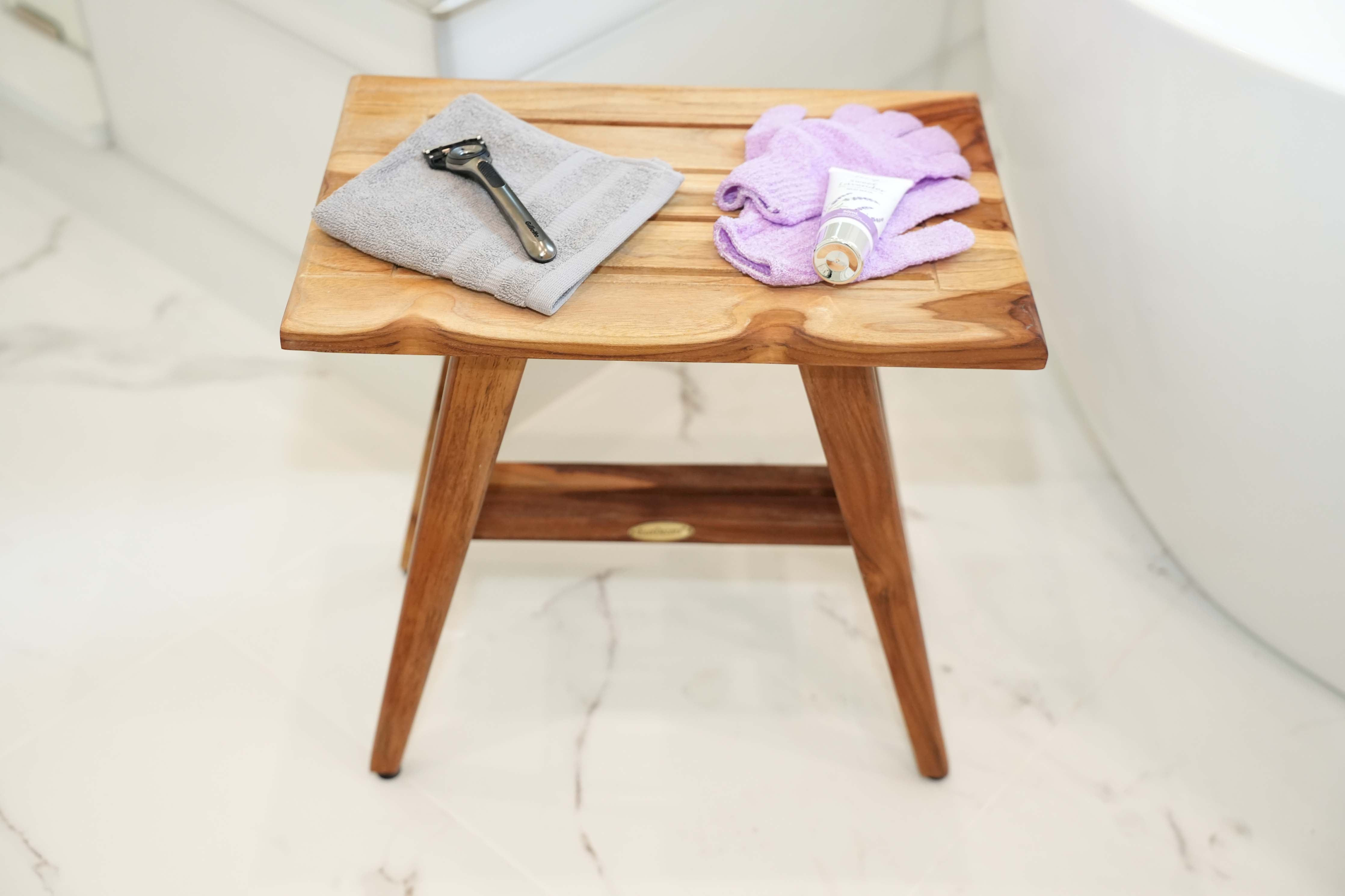 EcoDecors® Mid-Century Modern 18" Teak Wood Shower Bench in Natural Finish