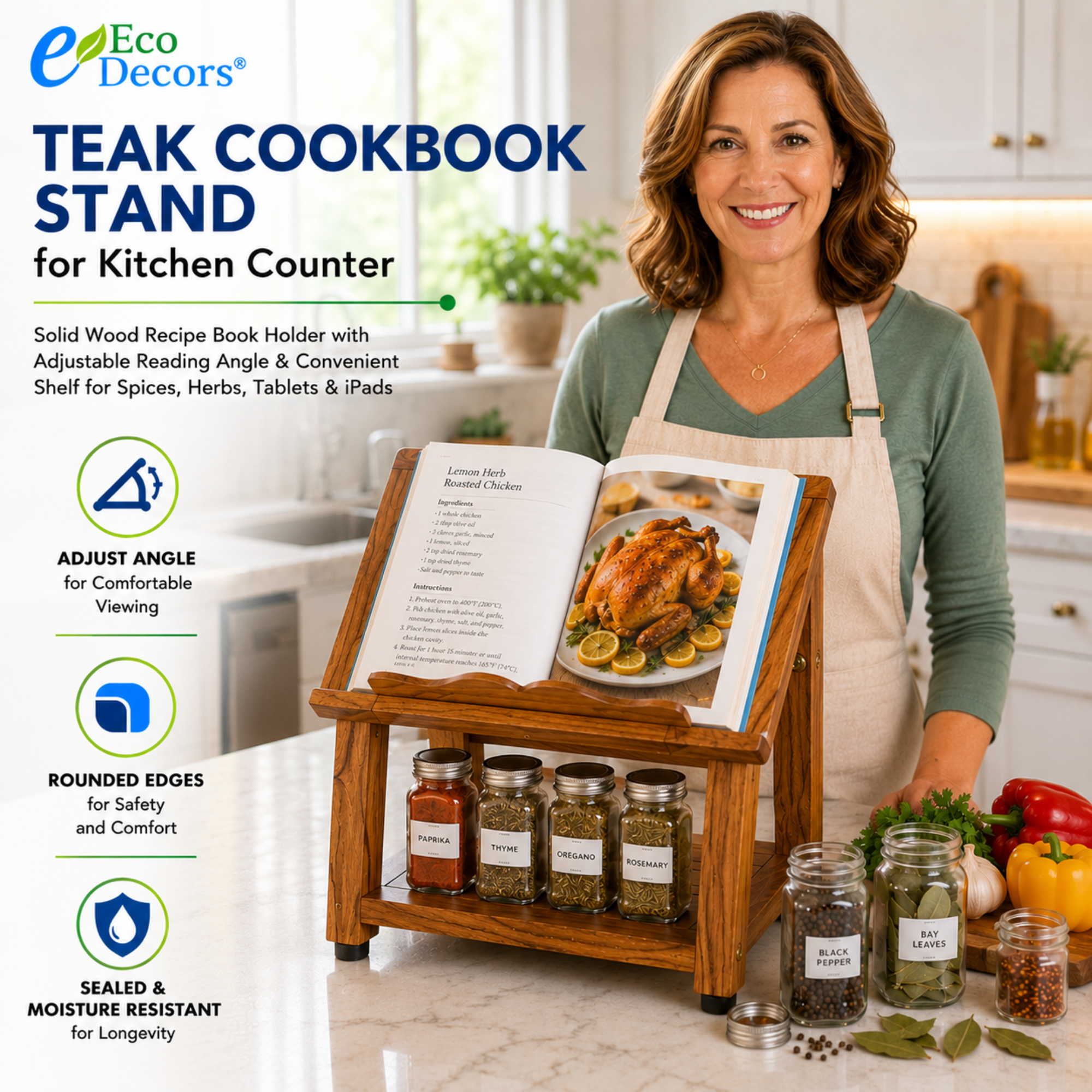 Cookbook Stand for Kitchen Counter – Solid Teak Wood Recipe Book Holder with Adjustable Reading Angle & Storage Shelf, Holder for Books, Tablets & Cell Phones