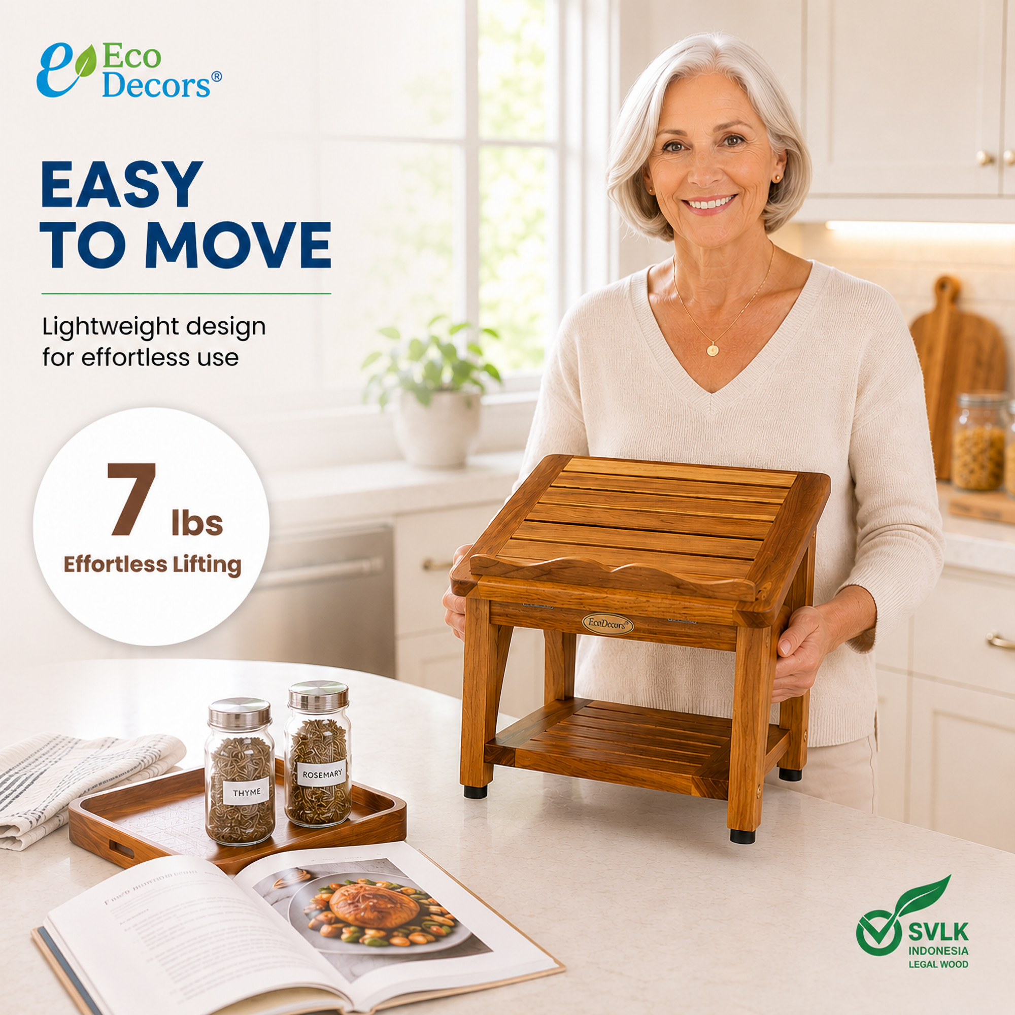 Cookbook Stand for Kitchen Counter – Solid Teak Wood Recipe Book Holder with Adjustable Reading Angle & Storage Shelf, Holder for Books, Tablets & Cell Phones