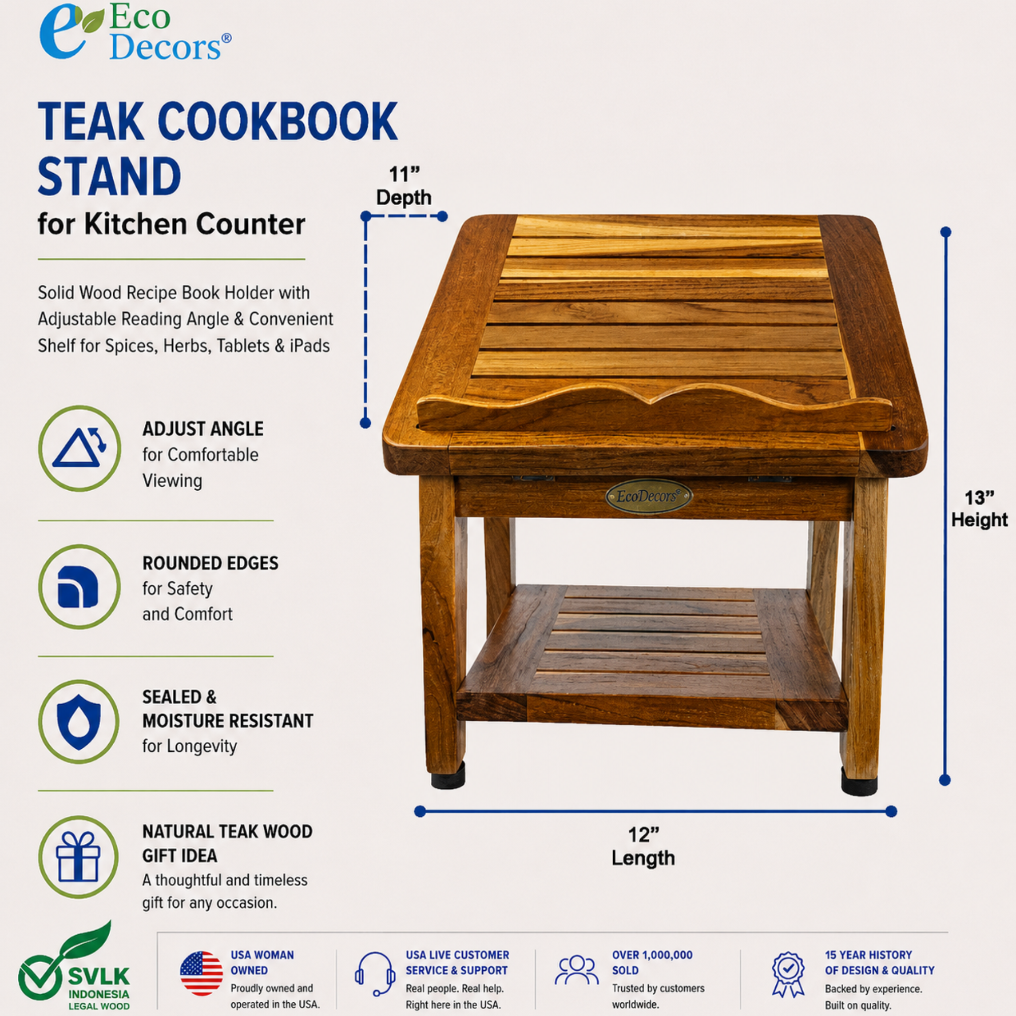 Cookbook Stand for Kitchen Counter – Solid Teak Wood Recipe Book Holder with Adjustable Reading Angle & Storage Shelf, Holder for Books, Tablets & Cell Phones