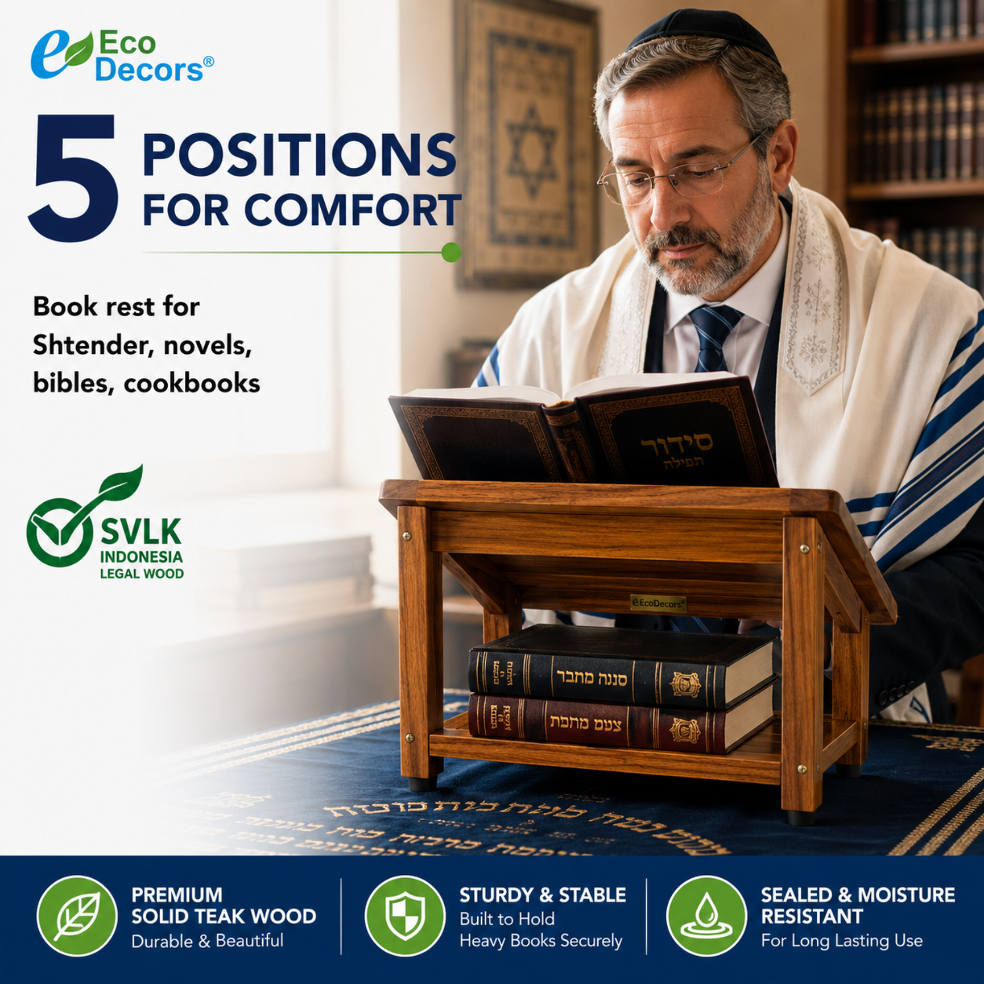 Teak Schtender Prayer Book Stand – Solid Wood Adjustable Book Rest for Torah, Siddur, Bible & Religious Study, Wooden Reading Stand with Storage Shelf