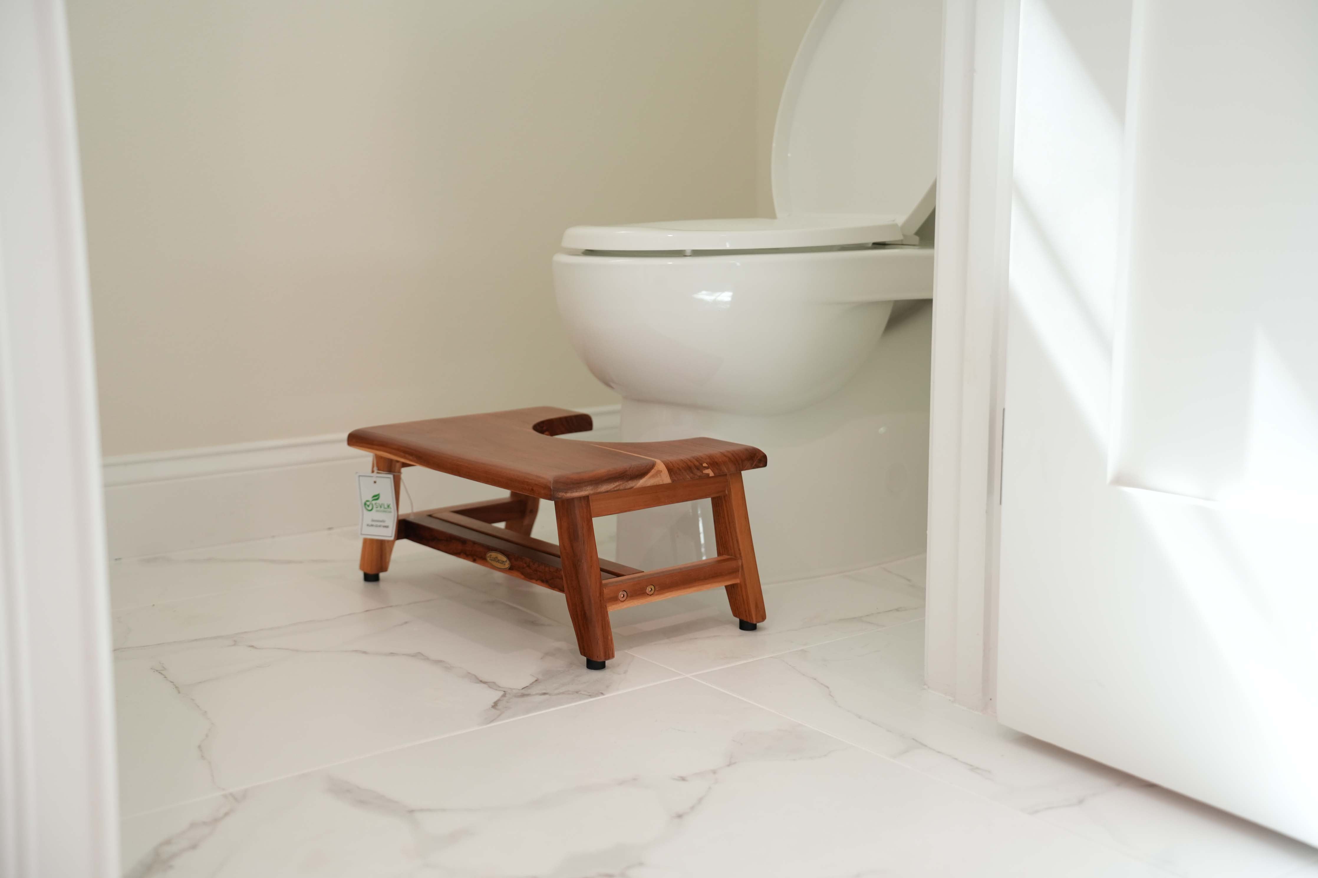 EcoDecors® SerenityPoo® 8" High Toilet Stool Teak Wood Shower Bench in EarthyTeak Finish