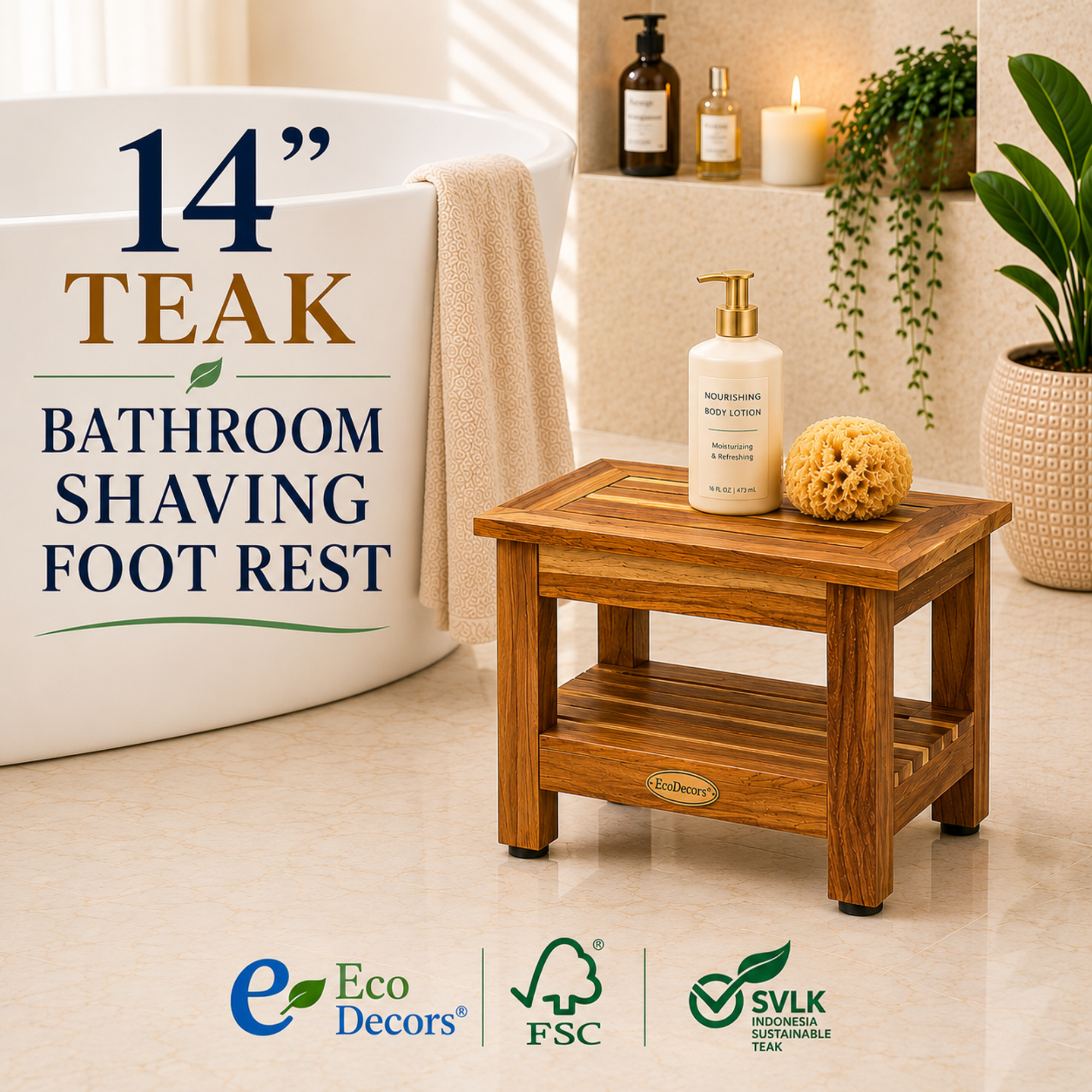 EcoDecors 14" Eleganto Teak Shaving Foot Rest with Shelf – Fully Assembled Waterproof Bathroom Foot Stool for Shaving Legs, Fully Assembled Teak Shower Foot Rest, Spa Bath Stool with Storage Shelf