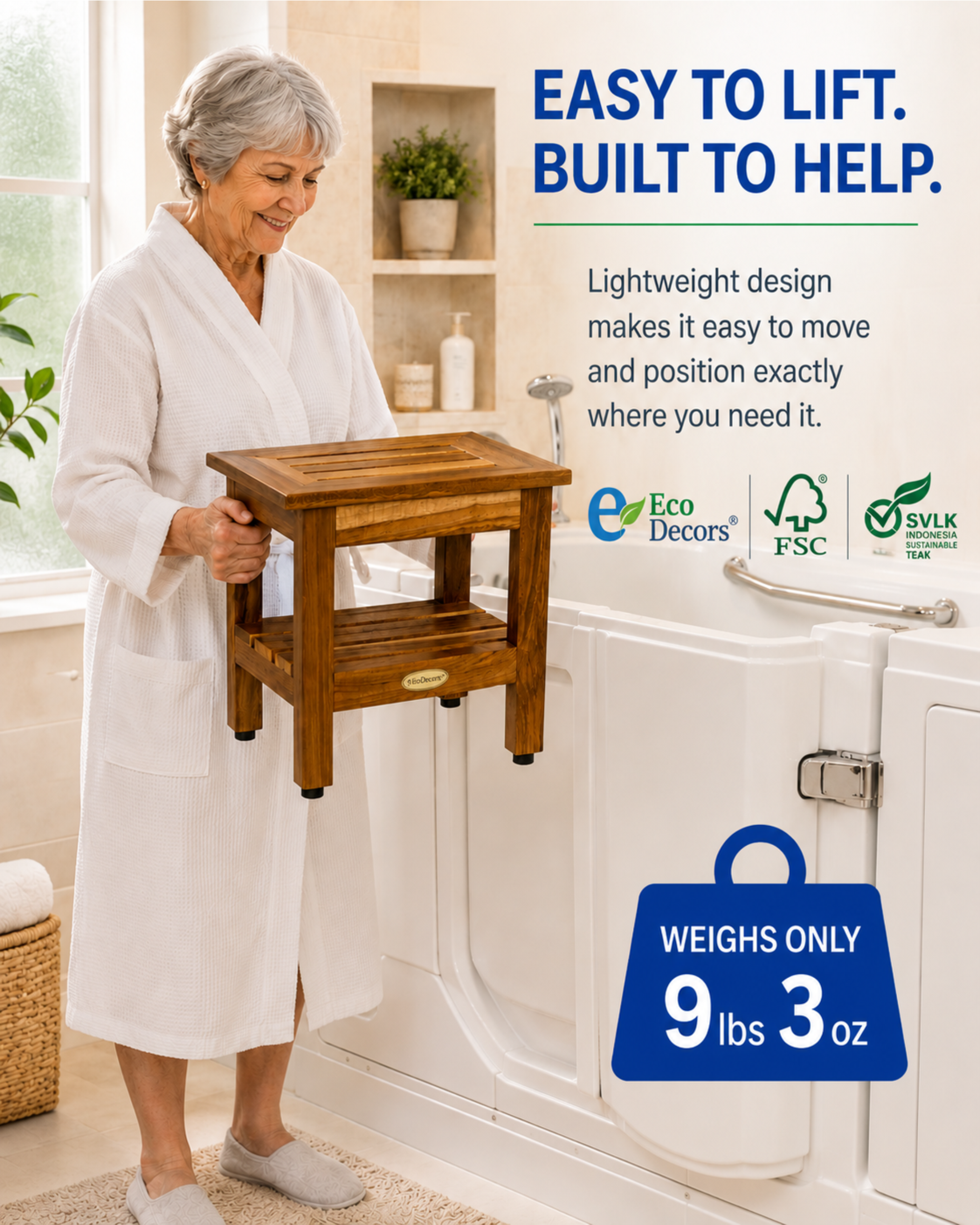 EcoDecors 14" Eleganto Teak Shaving Foot Rest with Shelf – Fully Assembled Waterproof Bathroom Foot Stool for Shaving Legs, Fully Assembled Teak Shower Foot Rest, Spa Bath Stool with Storage Shelf