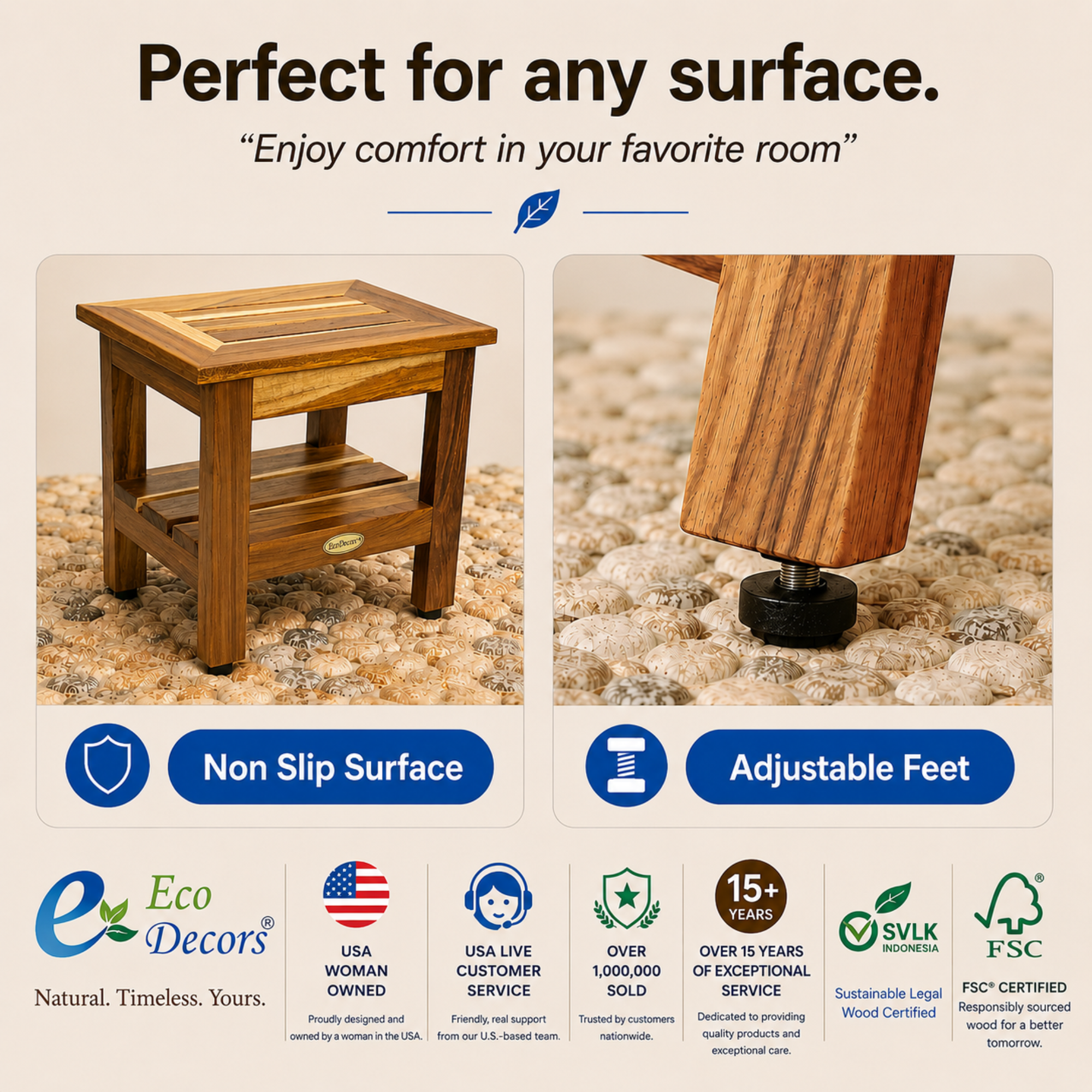 EcoDecors 14" Eleganto Teak Shaving Foot Rest with Shelf – Fully Assembled Waterproof Bathroom Foot Stool for Shaving Legs, Fully Assembled Teak Shower Foot Rest, Spa Bath Stool with Storage Shelf
