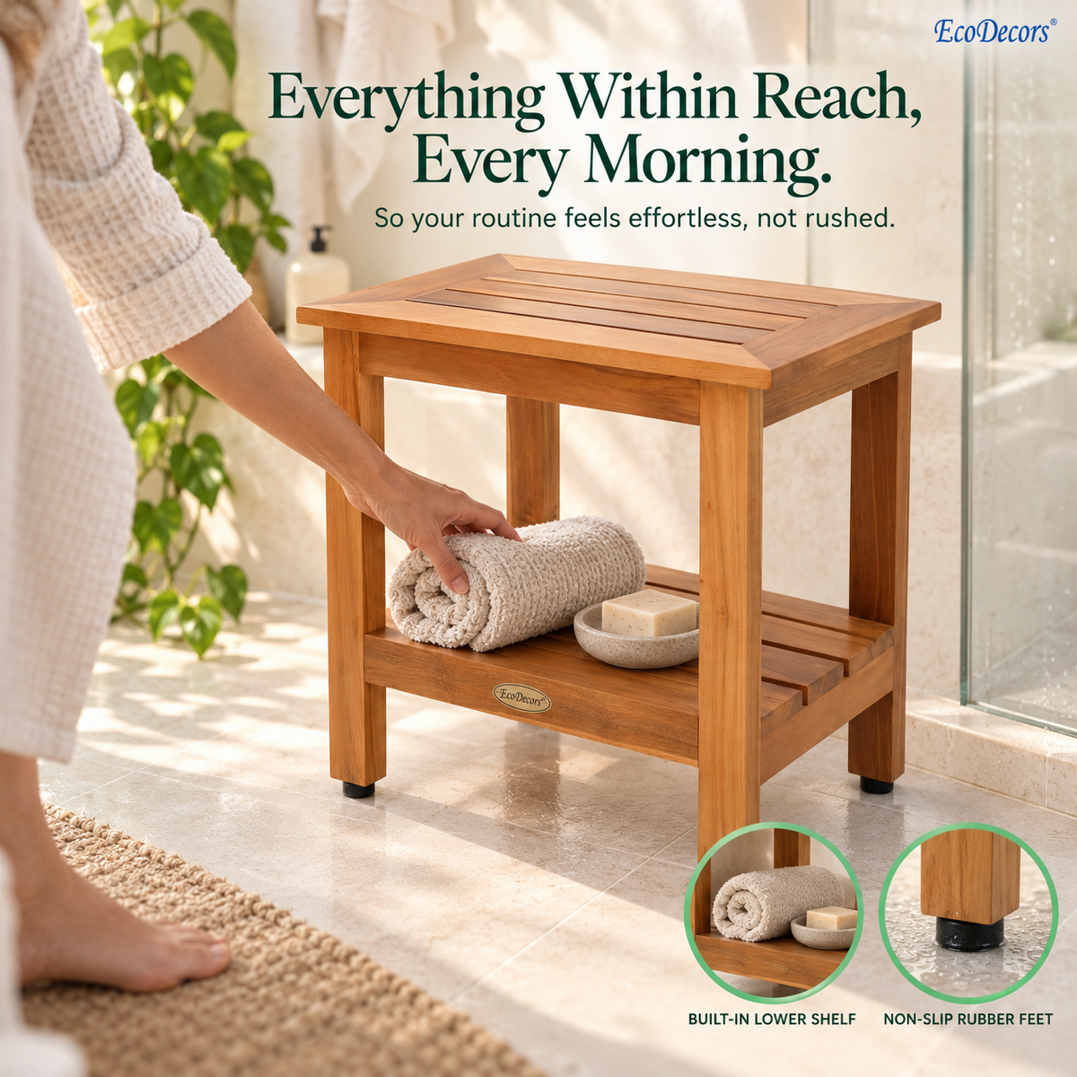 EcoDecors 18 Inch Teak Shower Bench with Shelf, Waterproof Spa Seat