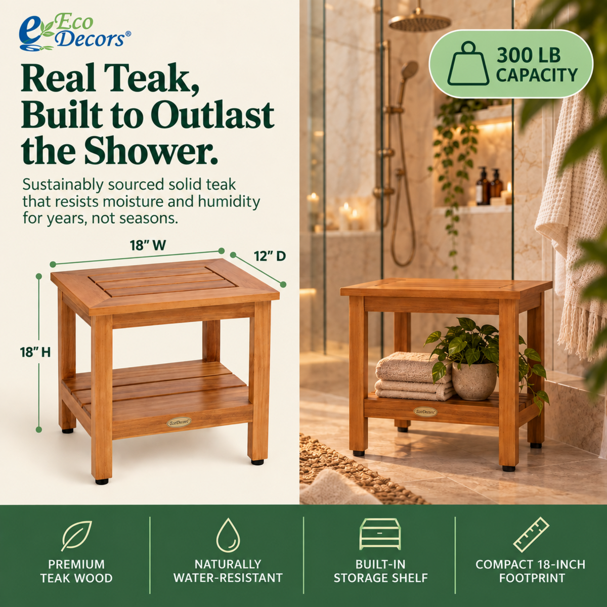 EcoDecors 18 Inch Teak Shower Bench with Shelf, Waterproof Spa Seat