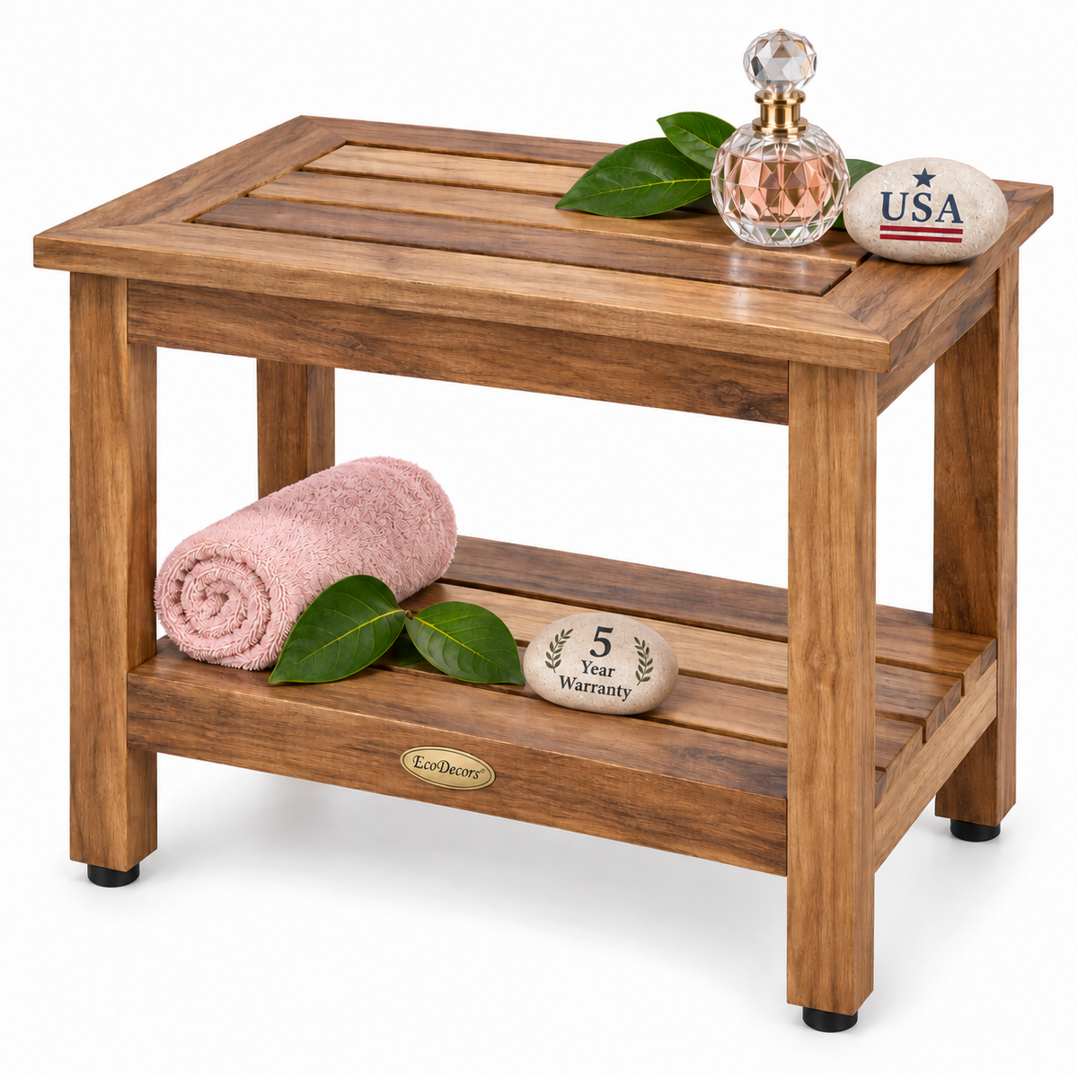 EcoDecors 24 Inch Teak Shower Bench with Shelf, Waterproof Spa Seat