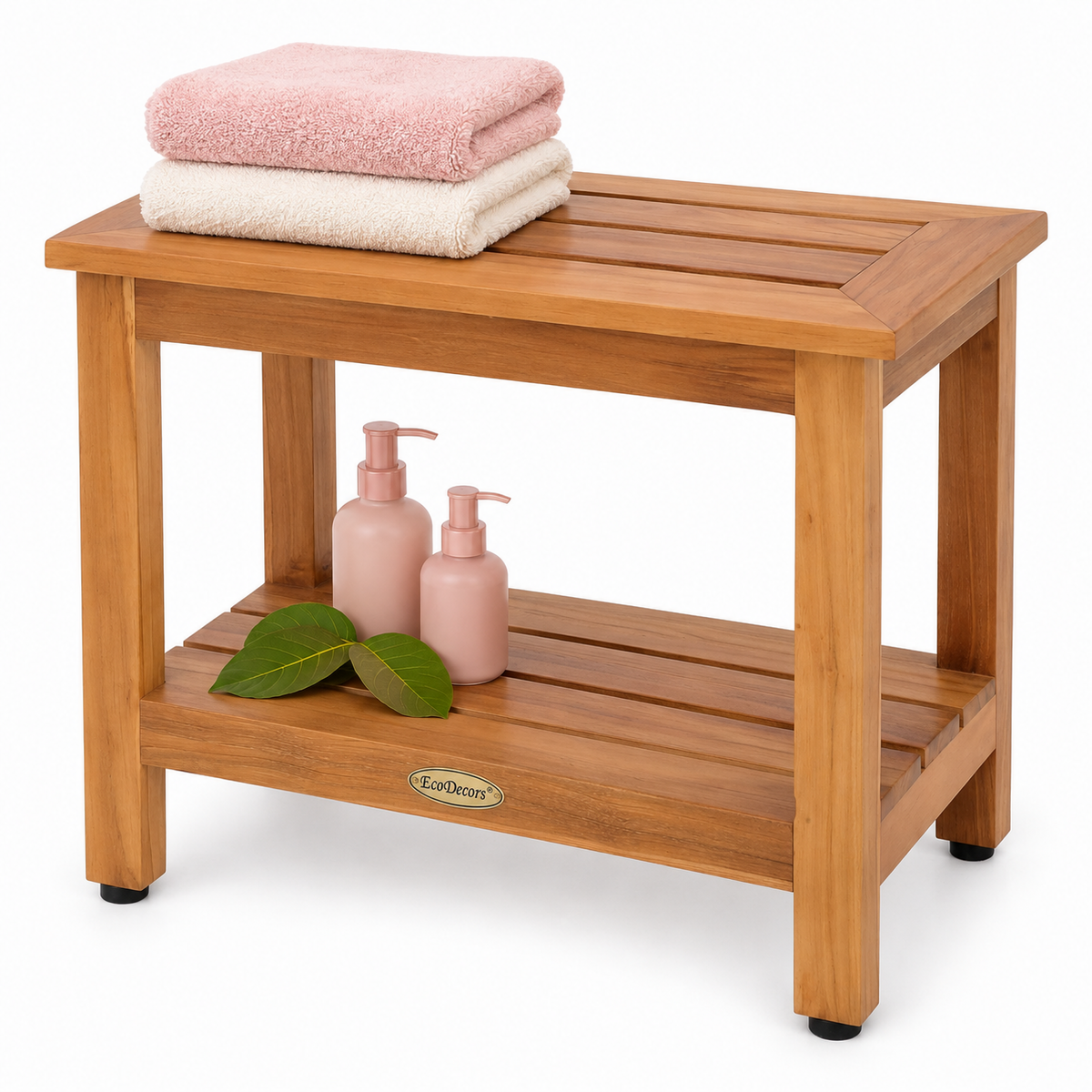 EcoDecors 21 Inch Teak Shower Bench with Shelf, Waterproof Spa Seat