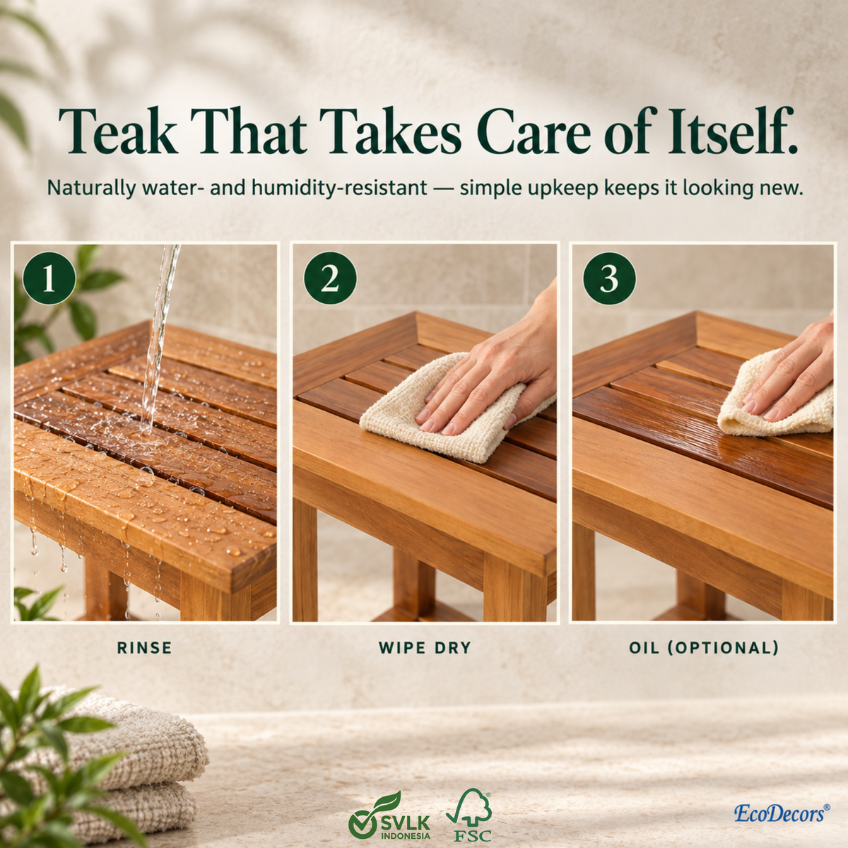 EcoDecors 21 Inch Teak Shower Bench with Shelf, Waterproof Spa Seat