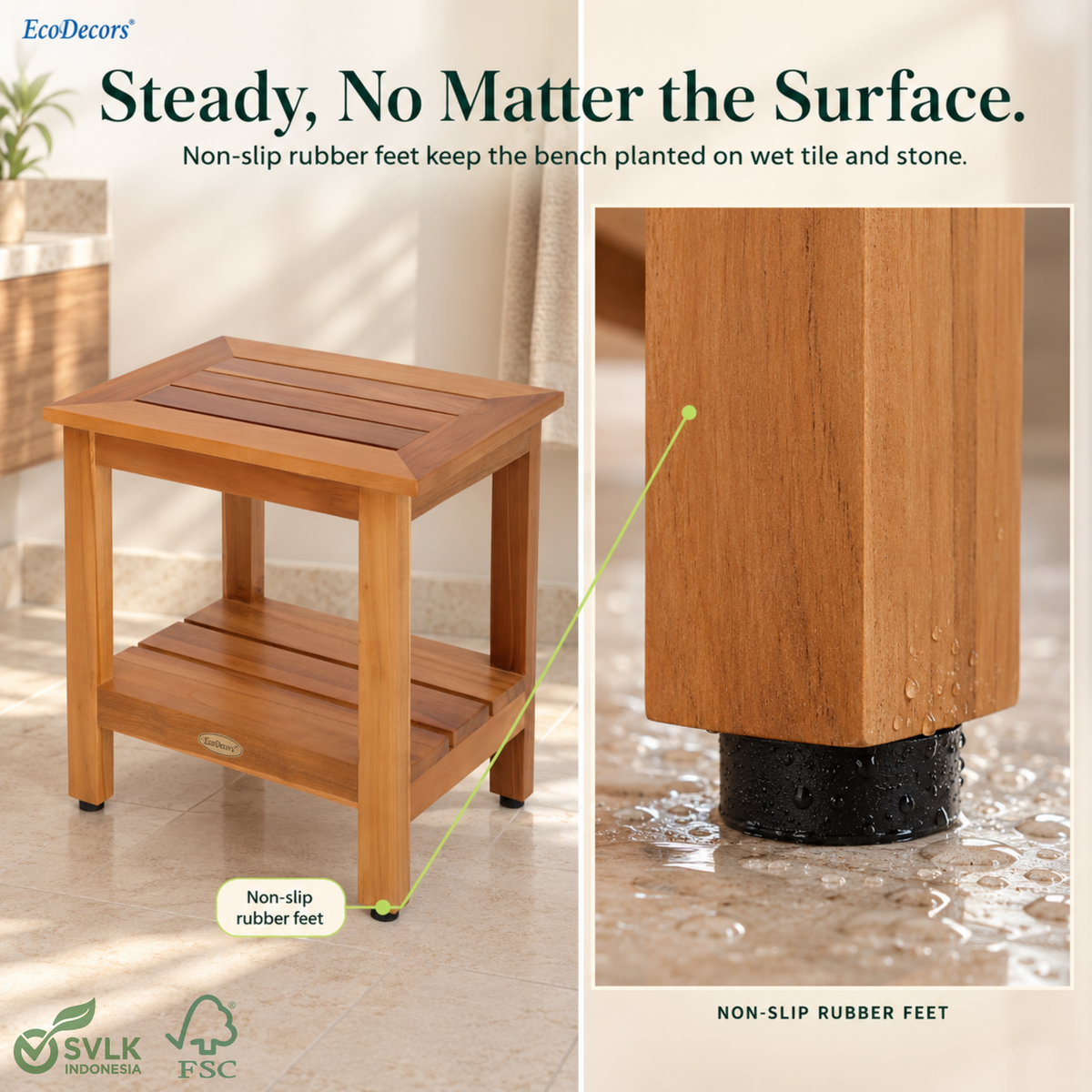 EcoDecors 24 Inch Teak Shower Bench with Shelf, Waterproof Spa Seat
