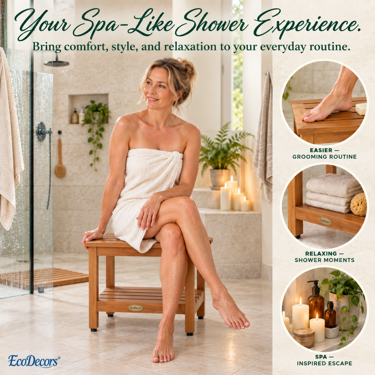 EcoDecors 24 Inch Teak Shower Bench with Shelf, Waterproof Spa Seat