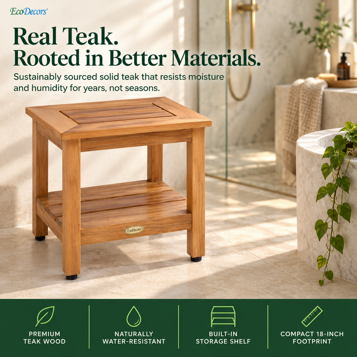 EcoDecors 24 Inch Teak Shower Bench with Shelf, Waterproof Spa Seat