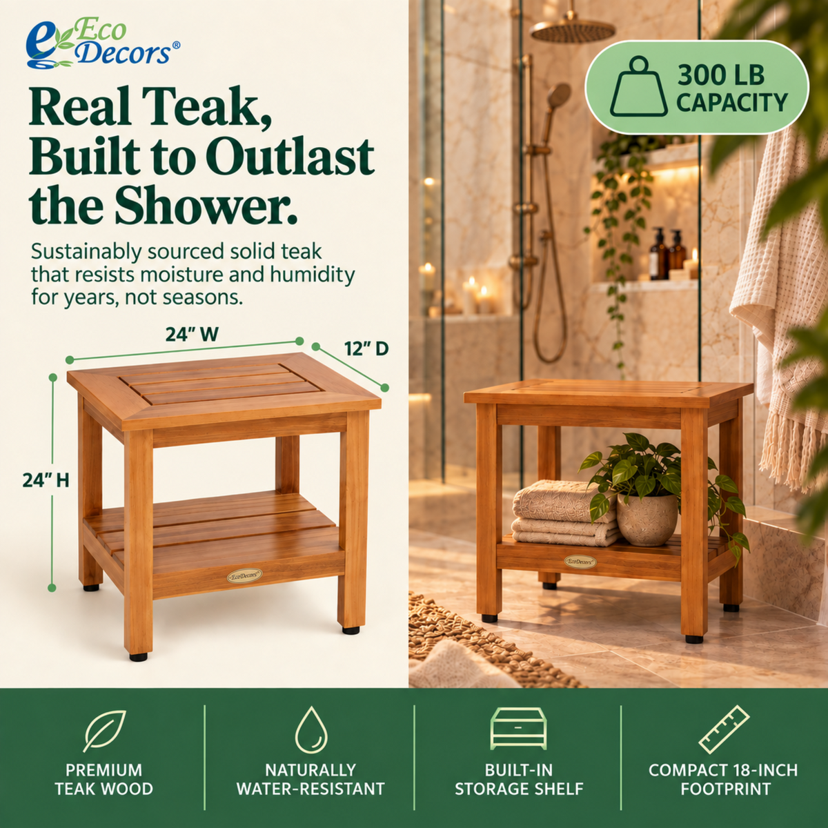 EcoDecors 24 Inch Teak Shower Bench with Shelf, Waterproof Spa Seat