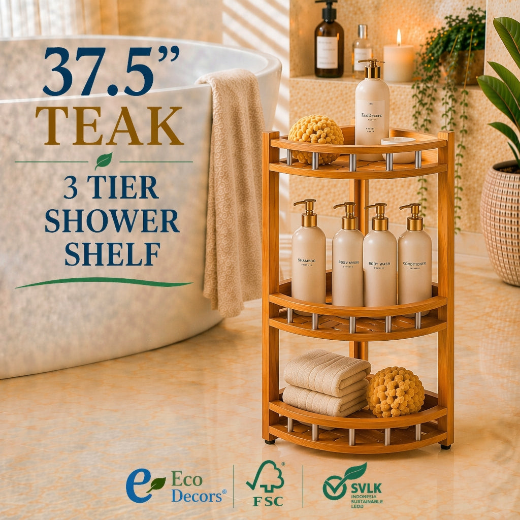 EcoDecors 35" Snazzy Corner Teak Shower Shelf – 3 Tier Waterproof Corner Shower Organizer, Solid Teak Bathroom Storage Shelf with Stainless Steel Accents, Spa Shower Corner Stand