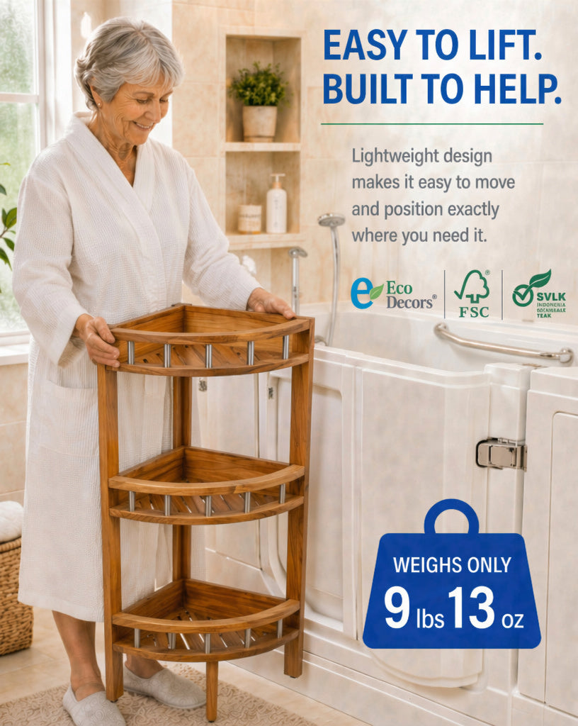 EcoDecors 35" Snazzy Corner Teak Shower Shelf – 3 Tier Waterproof Corner Shower Organizer, Solid Teak Bathroom Storage Shelf with Stainless Steel Accents, Spa Shower Corner Stand