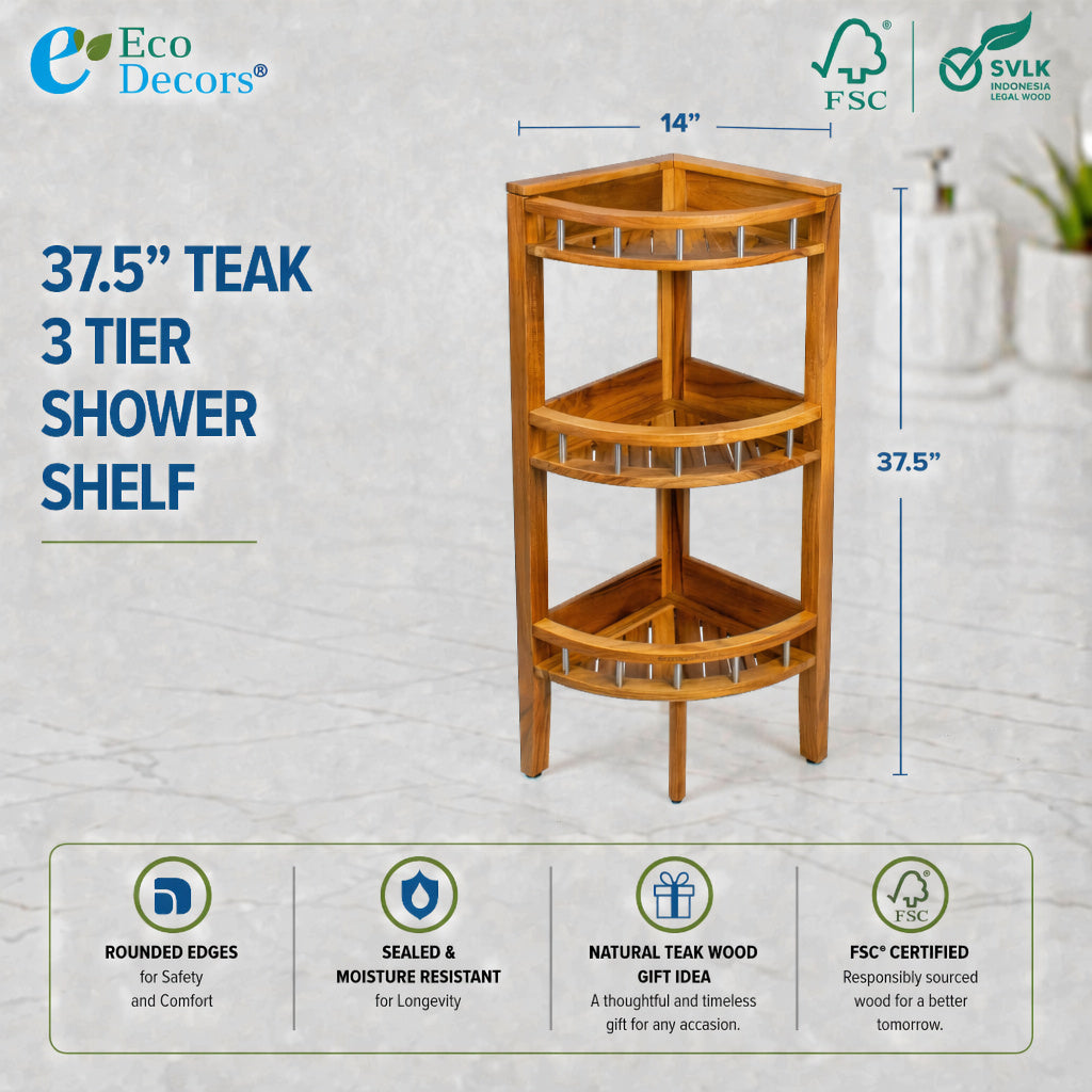 EcoDecors 35" Snazzy Corner Teak Shower Shelf – 3 Tier Waterproof Corner Shower Organizer, Solid Teak Bathroom Storage Shelf with Stainless Steel Accents, Spa Shower Corner Stand