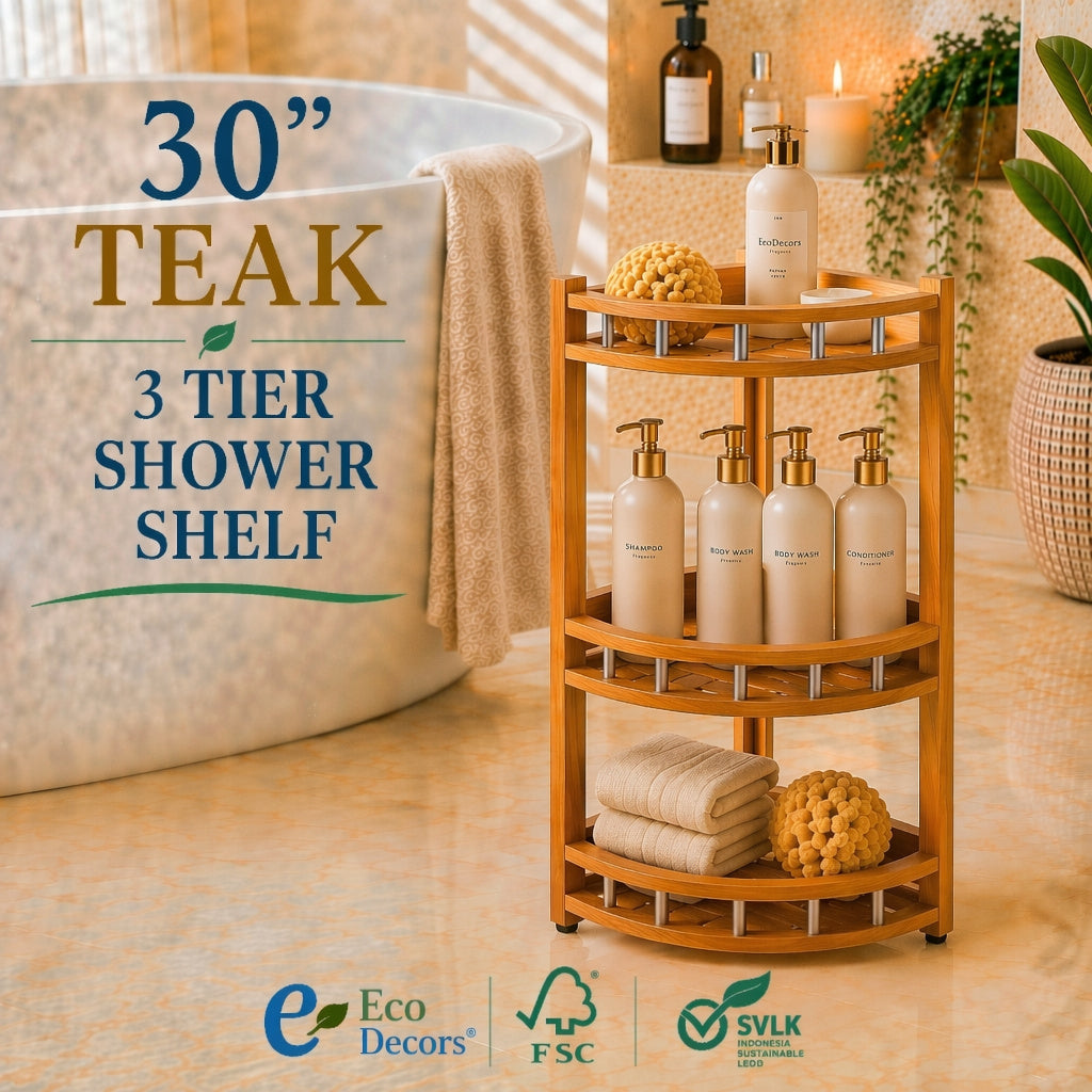 EcoDecors 27.5" Snazzy Teak Corner Shower Shelf – 3 Tier Corner Bathroom Storage Organizer with Stainless Steel Accents, Waterproof Teak Shower Caddy, Fully Assembled Spa Bath Shelf