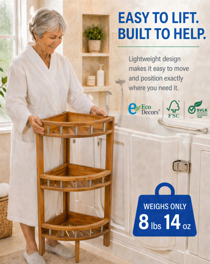 EcoDecors 27.5" Snazzy Teak Corner Shower Shelf – 3 Tier Corner Bathroom Storage Organizer with Stainless Steel Accents, Waterproof Teak Shower Caddy, Fully Assembled Spa Bath Shelf