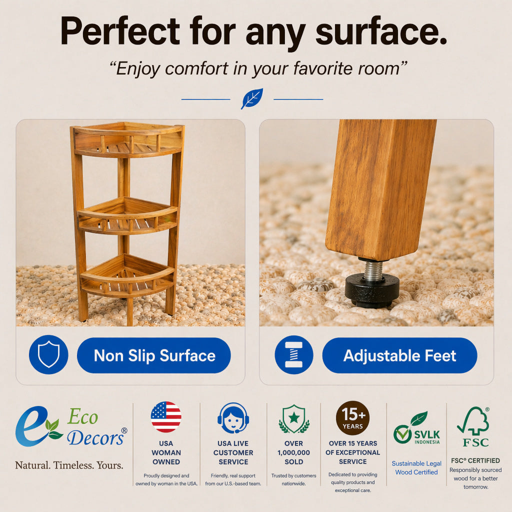 EcoDecors 35" Snazzy Corner Teak Shower Shelf – 3 Tier Waterproof Corner Shower Organizer with Protective Shelf Rails, Solid Teak Bathroom Storage Shelf, Freestanding Spa Corner Stand